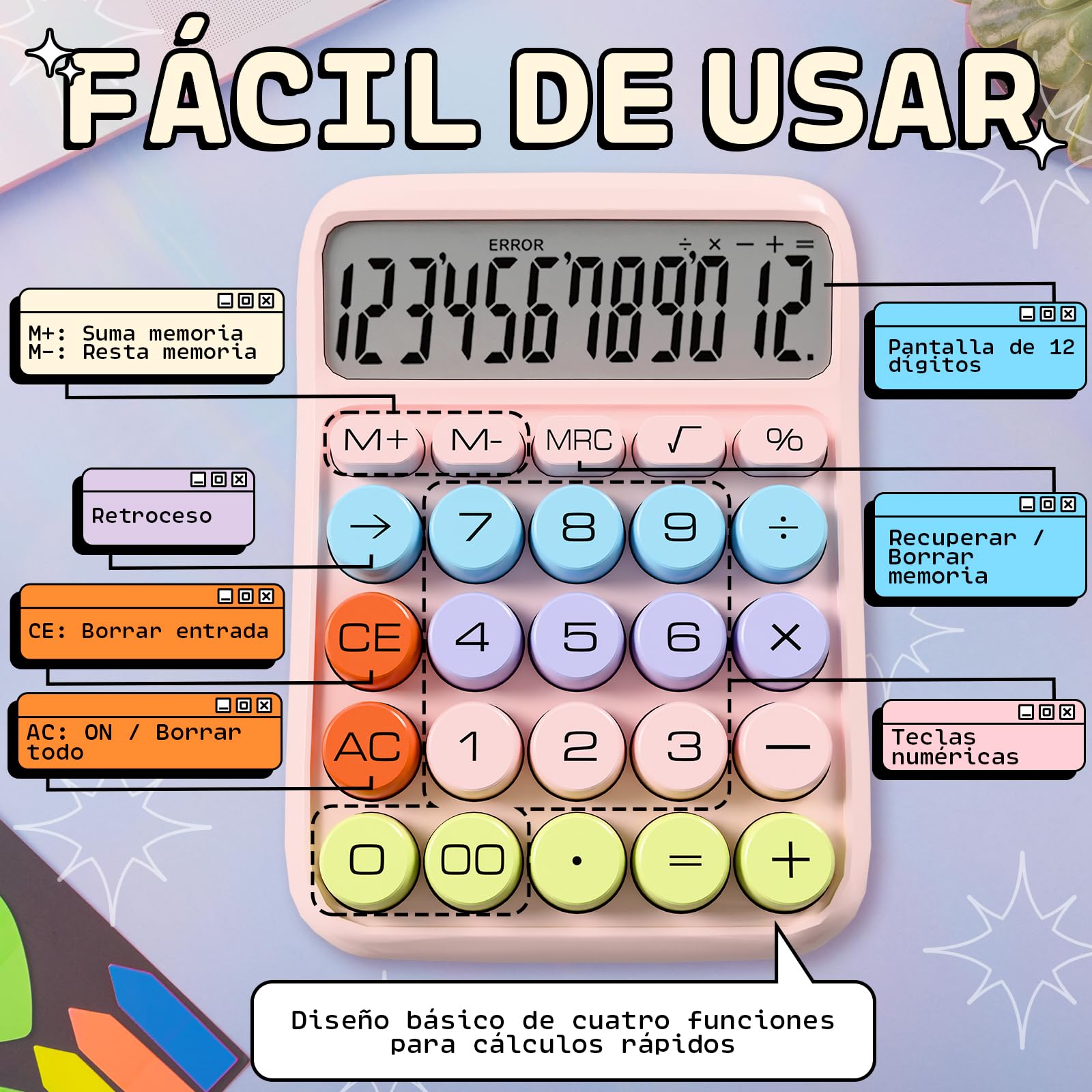 Zeno Calculadora Rosa – Calculadora de Escritorio Cute con Teclas Grandes, 12 Dígitos, para Escuela, Casa y Accesorios de Oficina Rosas