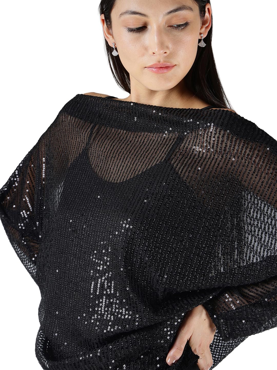 FableStreet Women Top | Off-Shoulder Loose Fit Long Sleeve Embellished Style | Sequin Net Fabric with Semi-Sheer Finish for Evening & Festive Occasions-image-47