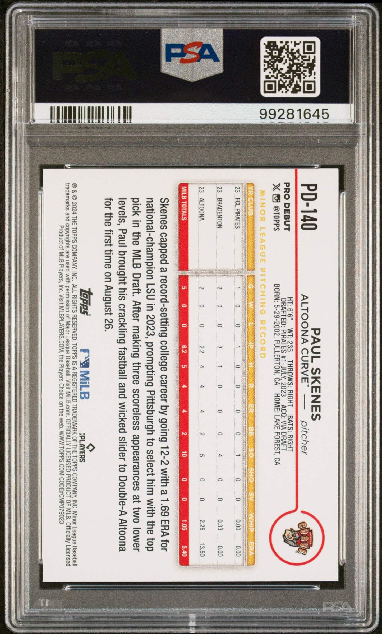 Amazon.com: Graded 2024 Topps Pro Debut Paul Skenes #PD140 Rookie 
