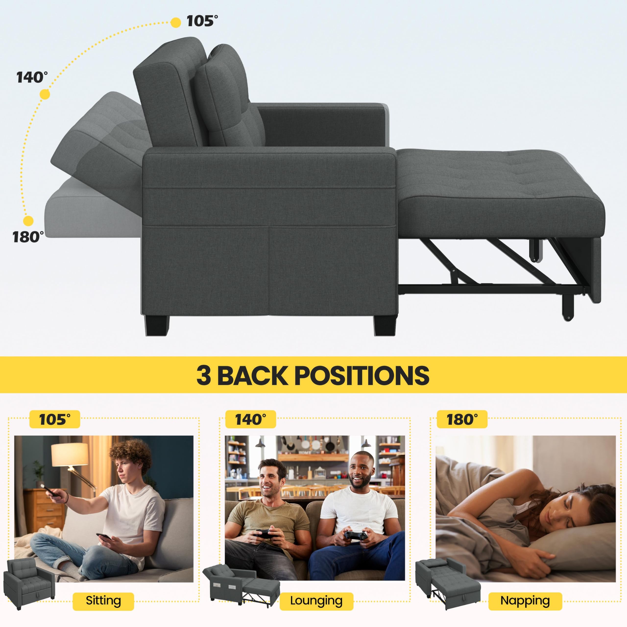 Yaheetech 3 En 1 Sofá Cama Sillón Relax Sofá Individual de 1 Plaza para Dormitorio Sala de Estar Apartamento Sofá con Respaldo Ajustable en 3 ángulo Gris Oscuro