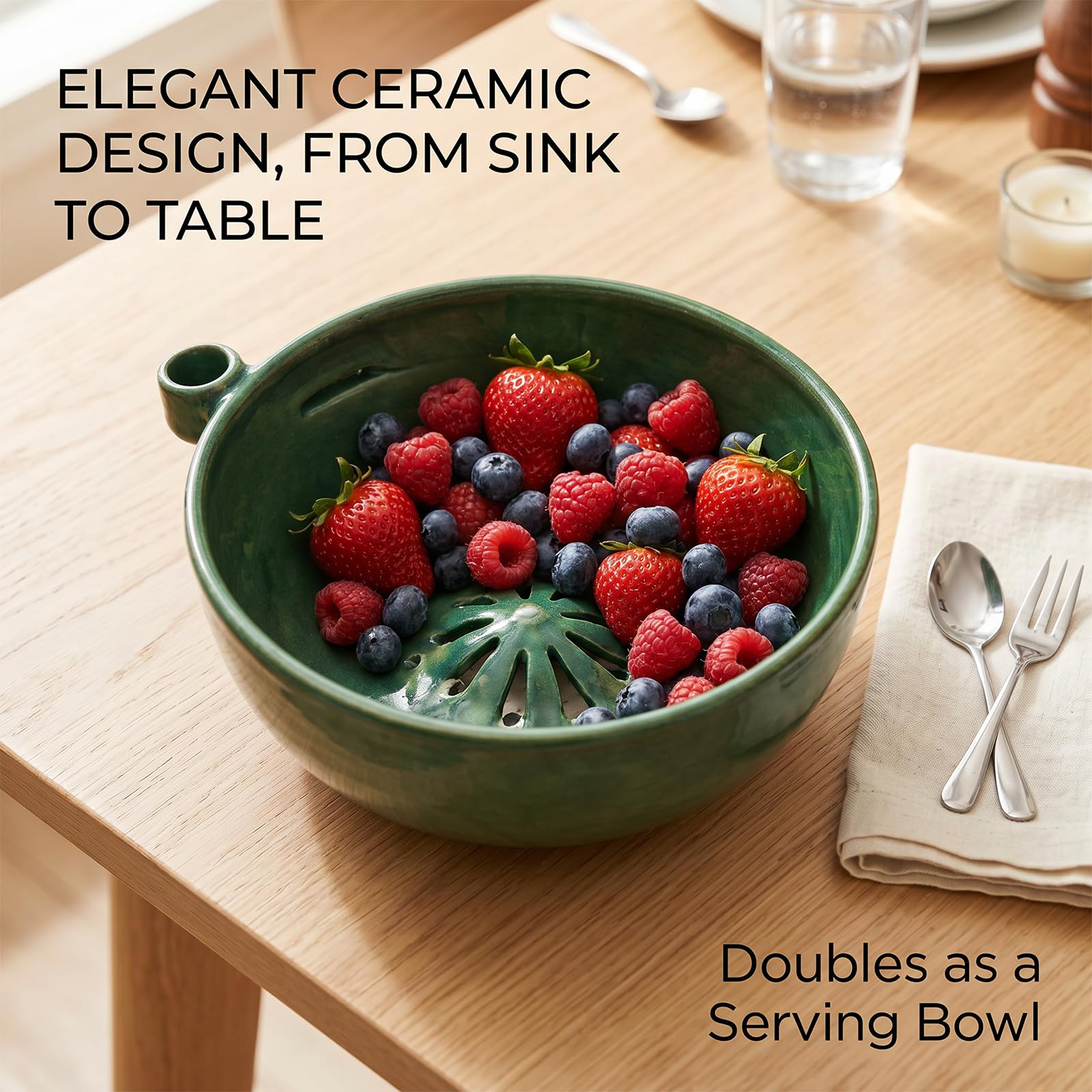 Berry Bowl, Self Spinning Berry Washing Bowl, Ceramic Fruit Washer Colander with Drain Holes, 360° Vortex Cleaning for Berries & Vegetables (1ps)