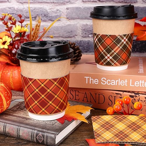 Miniatura 5 de Whaline Paquete de 60 fundas para tazas de café a cuadros de otoño, desechables, de papel kraft para tazas de café de 12 y 16 onzas, para otoño,
