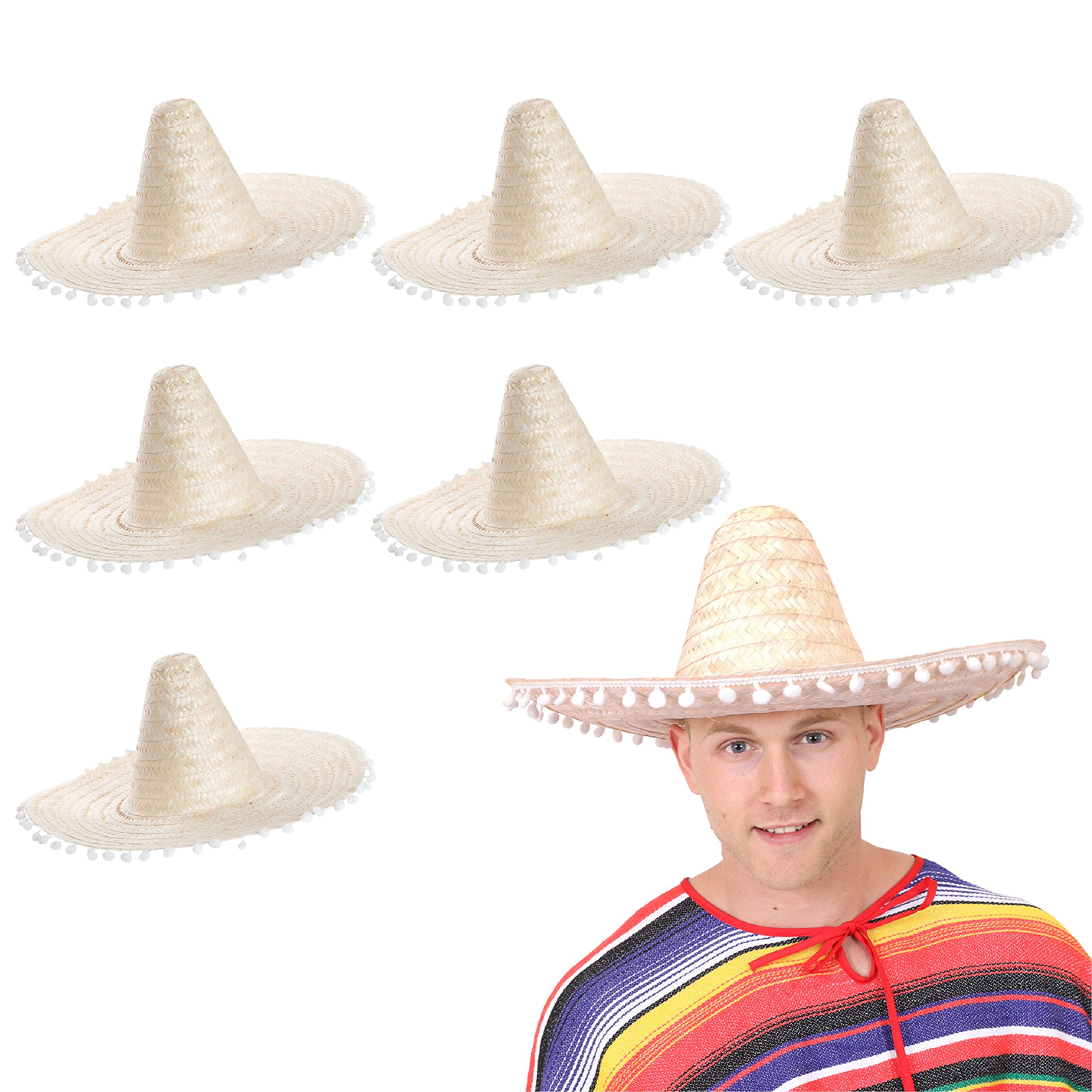 Adults Sombrero Hat - Pack of 6 - Natural Mexican Sombrero With White Pompom Details - Mens Ladies Mexican Cinco De Mayo Fiesta Fancy Dress Costume Accessory