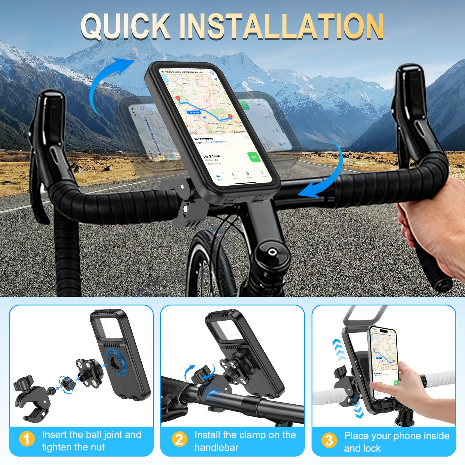 Soporte Movil Moto Antivibración Impermeable Universal Soporte Movil Bicicleta 360° Rotación y Liberación Rápida, Soporte para Móvil Moto Bicicleta Scooter Manillar, para 4-7" Smartphones
