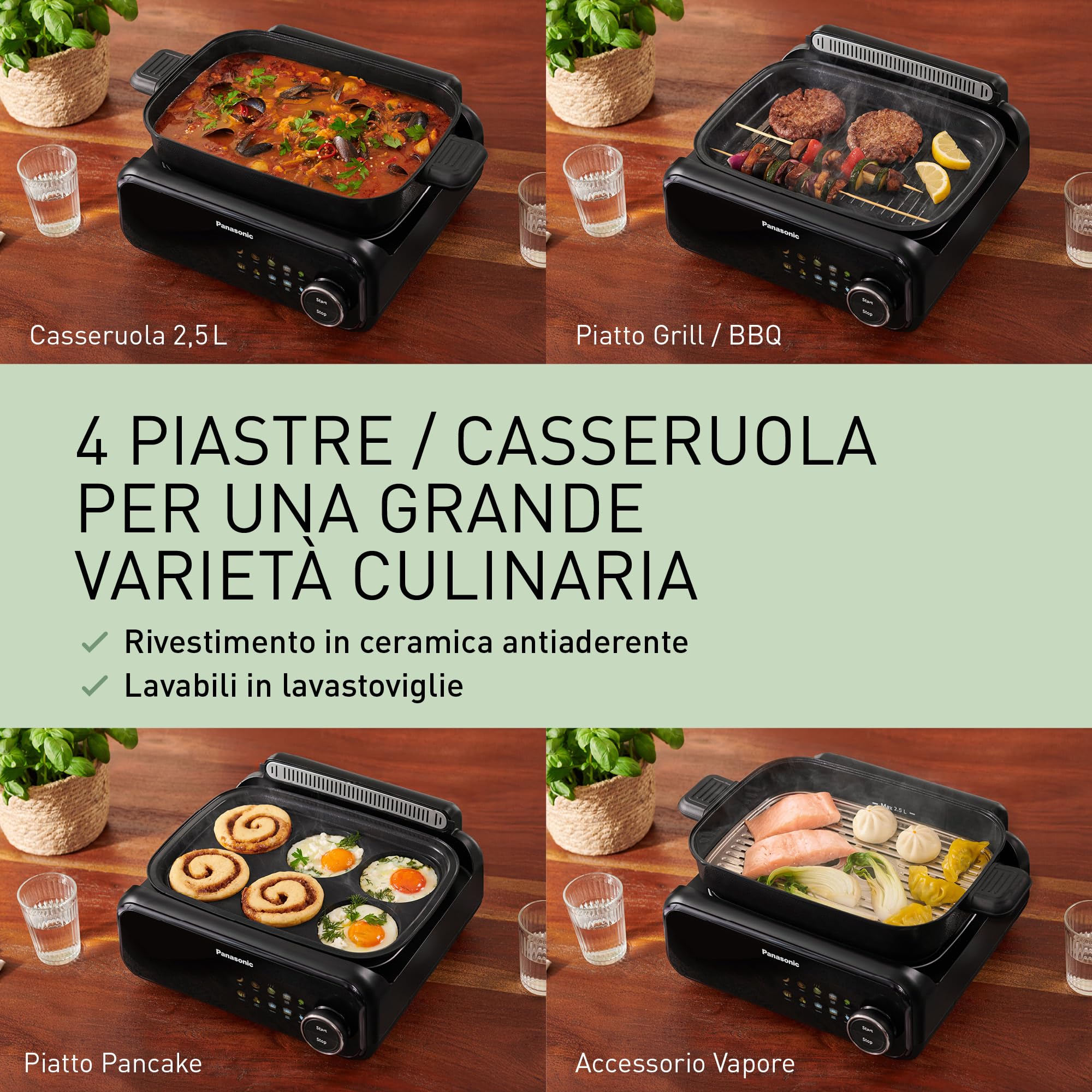 Panasonic NF-GM400 Multi-Cooker Elettrico 4 in 1, Griglia elettrica, Friggere, Cottura Lenta, BBQ, Vapore, Saltare, 1400W, 40-250°C, 9 Modalità Automatiche, Piastre lavabili in lavastoviglie