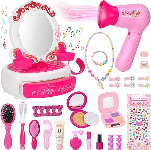 VGOFUN Juguetes de peluquería para niñas, 27 piezas de salón de belleza para niños, kit de estilista de belleza con luz musical y secador de pelo