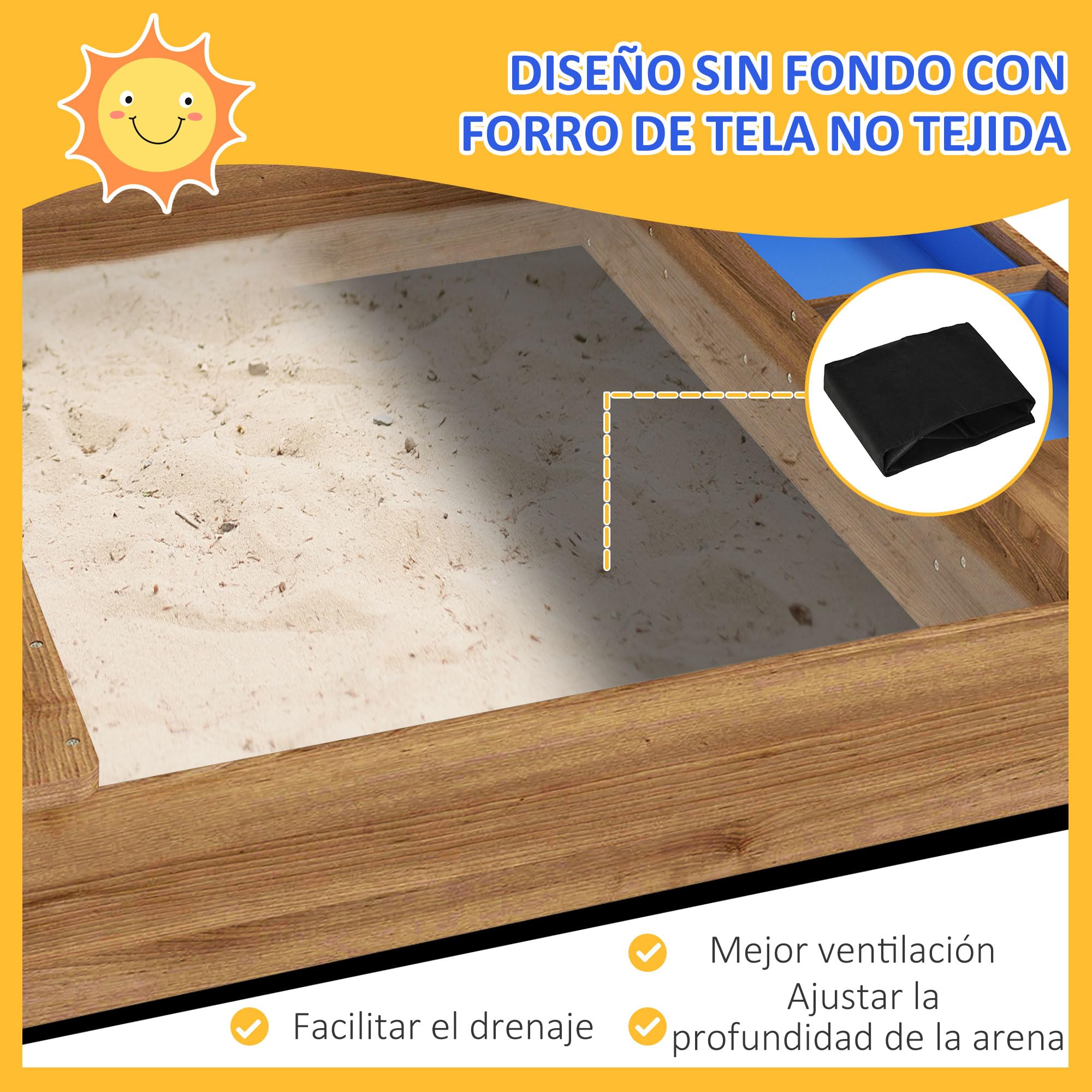 Outsunny Arenero para Niños de Madera, Arenero Infantil en Forma de Casa con 2 Asientos, Toldo, 6 Banderines, 2 Bandejas Extraíbles, Grifo y Pizarra, para Patio, Jardín, 124x116x146 cm, Marrón