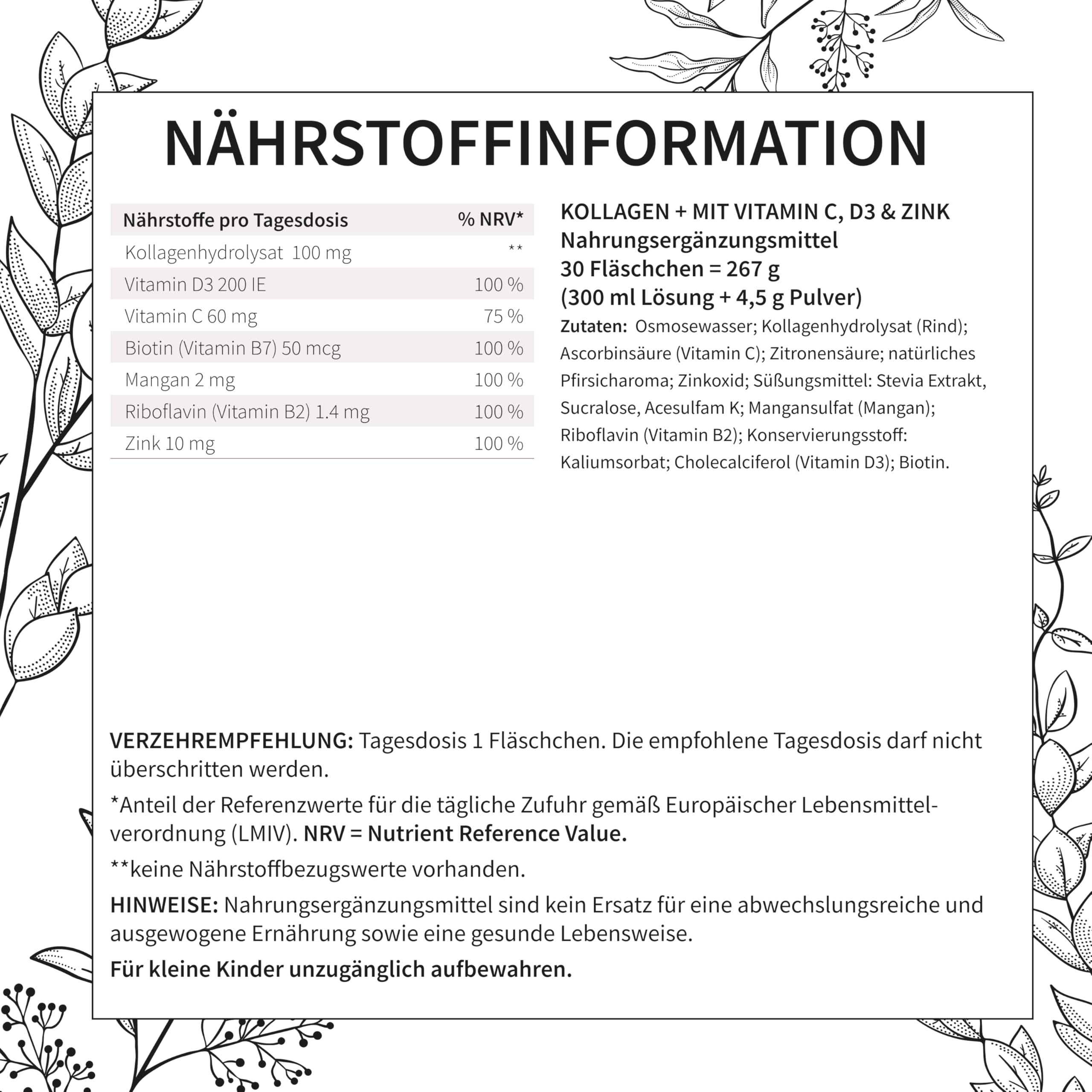 basics Kollagen + mit hochdosiertem Kollagen Hydrolysat, Vitamin C, D3, Biotin und Zink - für den Erhalt von schöner Haut, Haar und Nägeln - 30 Trinkflaschen - 10ml pro Tagesdosis (2er Pack)
