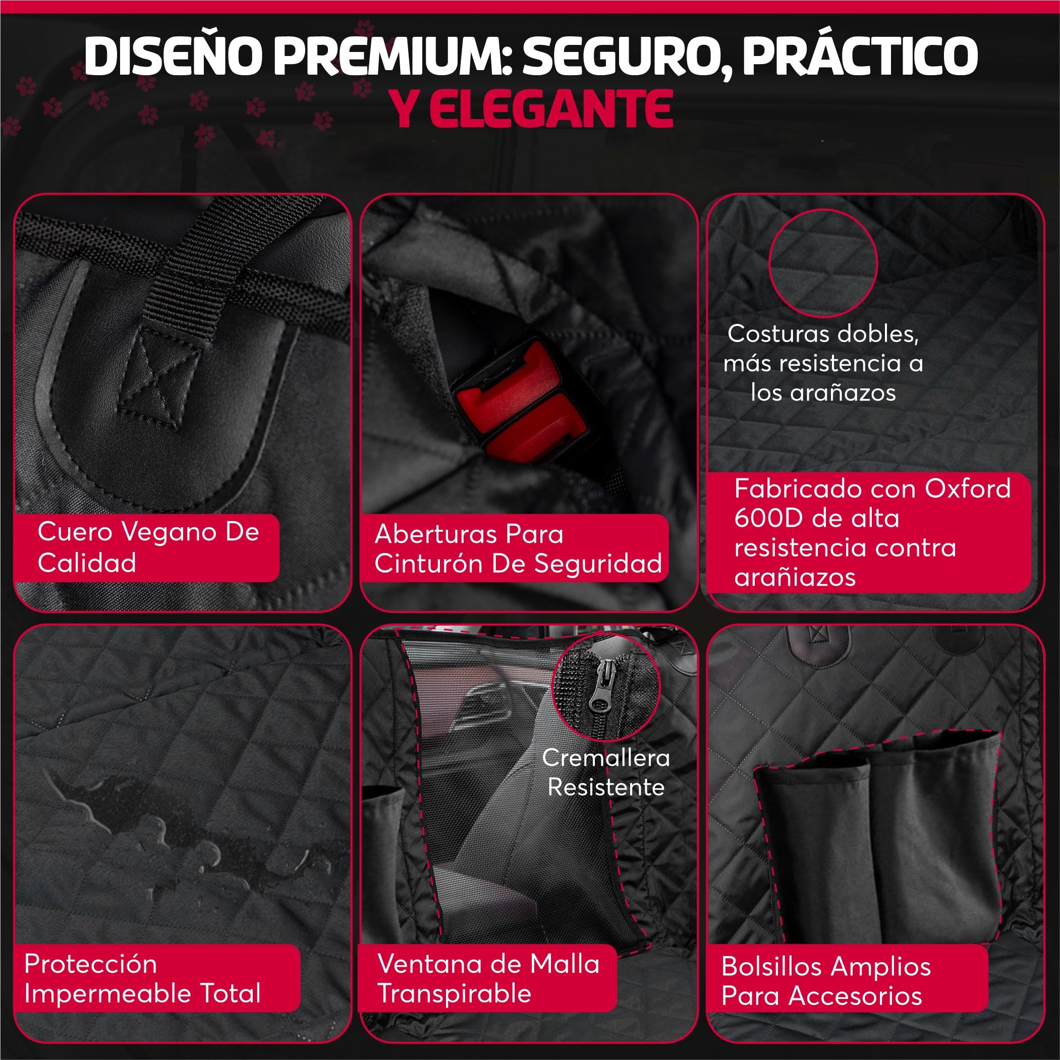 SweetSolutions© Funda Coche Perro | Protector Coche Perros Asiento Trasero | Impermeable y Resistente | Cubre Asientos Protector | Ventana de Malla Visible y Cremallera | Incluye Correa y Guante |