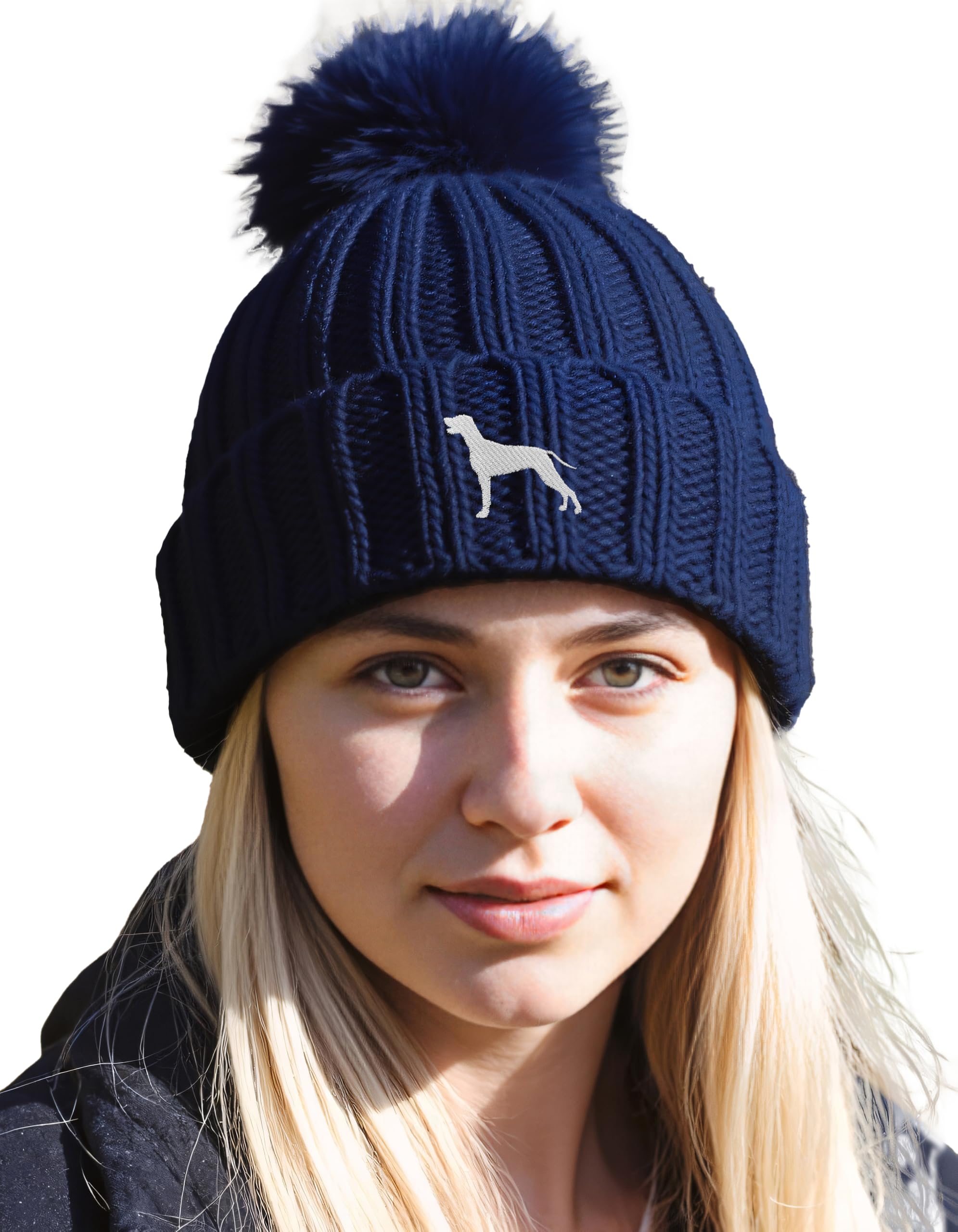 The House Of Dog Unisex Navy The House Of Dog: Weimaraner Owner Gift. Faux Fur Pom Pom Chunky Knit Super Soft Embroidered Beanie Hat