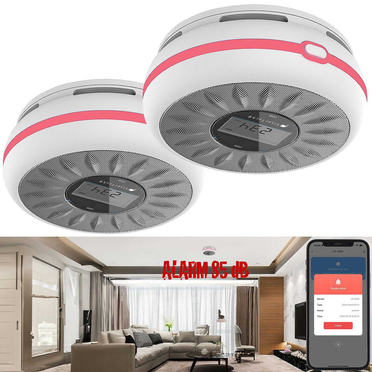 VisorTech app per allarme antincendio: Set da 2 Rilevatore di fumo e CO 2in1 con Wi-Fi, Batteria di 10 anni, Sensore di 10 anni (rilevatore monossido carbonio, rilevatori fumo per la casa, radio)