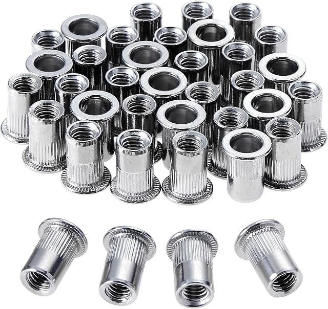 HSEAMALL 100PCS M6 Rivet Nuts Stainless Steel Rivnut,Flat Head Threaded Insert Nutsert Rivnuts Assorted