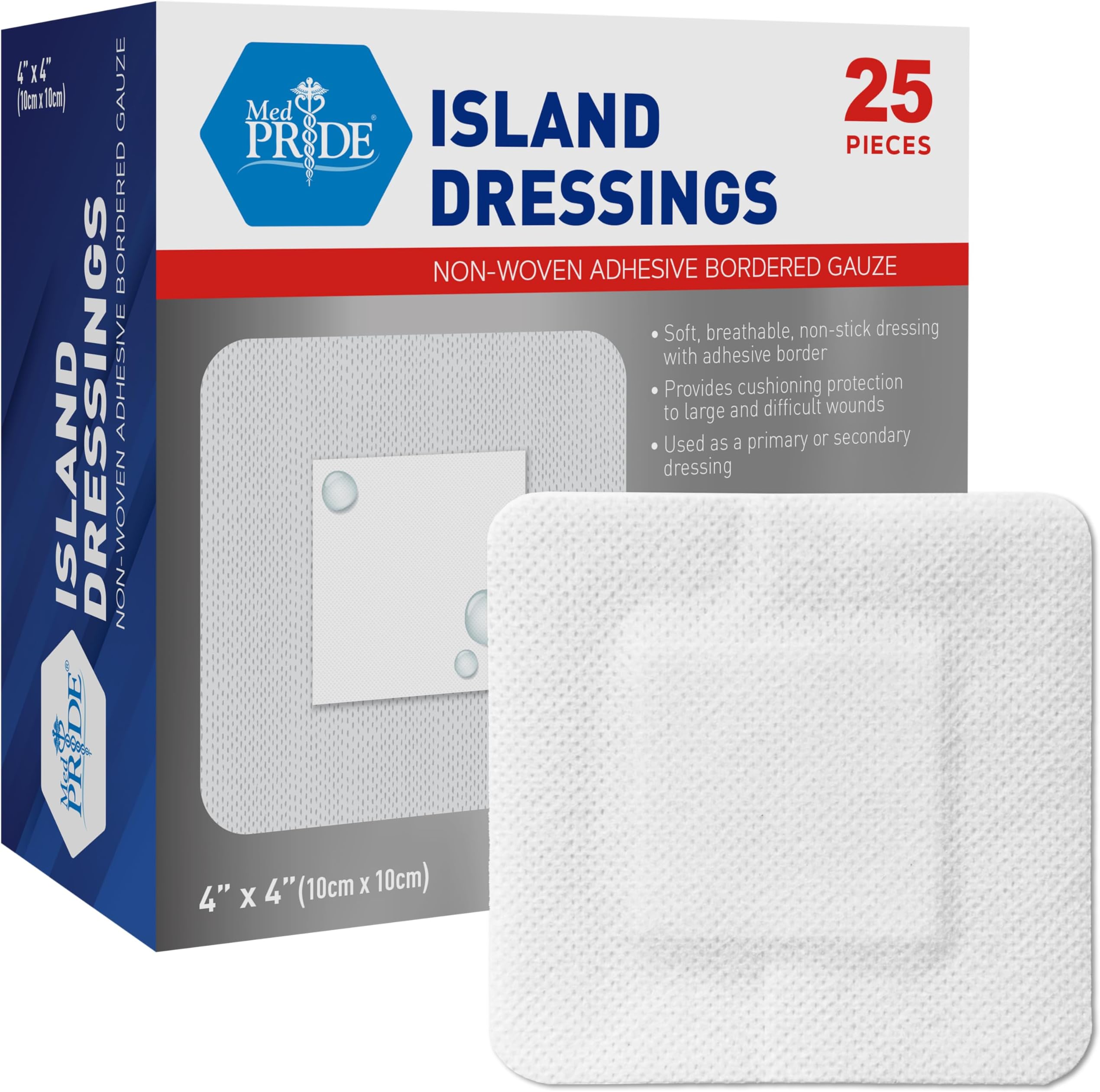 MED Pride Bordered Gauze-Island Dressing 4'' x 4''| 25 Individually Packed Pouches, Wound Dressing with Adhesive, Breathable Borders, Sterile & Highly Absorbent, Latex & Rubber-Free