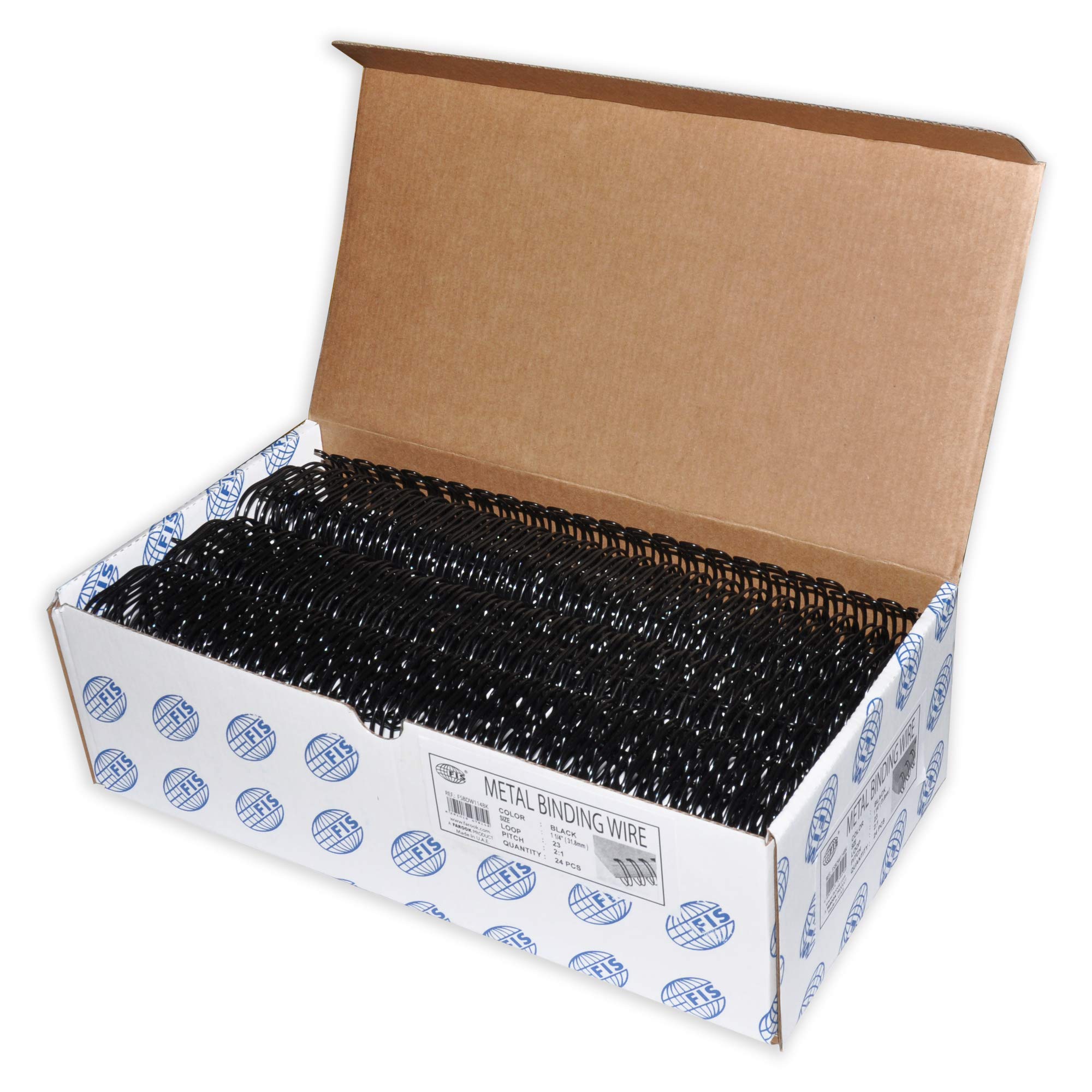 FIS® Metal Binding Wire, Size: 11/4" Inch(31.8mm), Loop: 23, Pitch: 2.32, Box of 24 Pieces, Black Color-FSBDW114BK