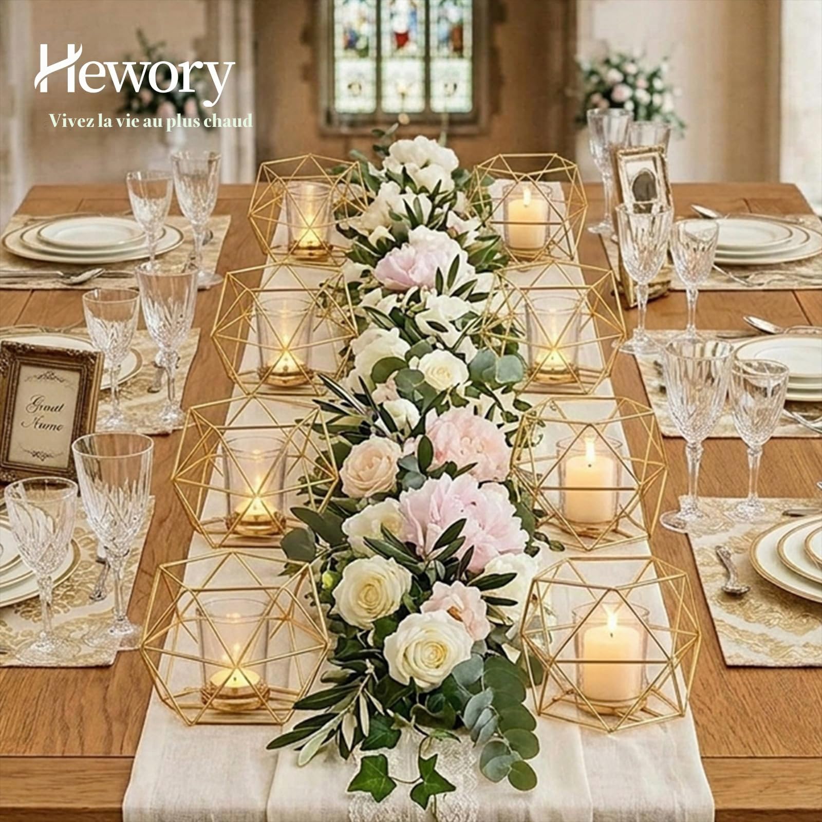 Hewory Porte-Bougies Chauffe-Plat Géométriques en Métal, 12 Bougeoirs Chauffe-Plat Ornements Dorés pour Salon, Pièce Maîtresse de Table à Manger, Bougeoir Doré Moderne pour Mariage