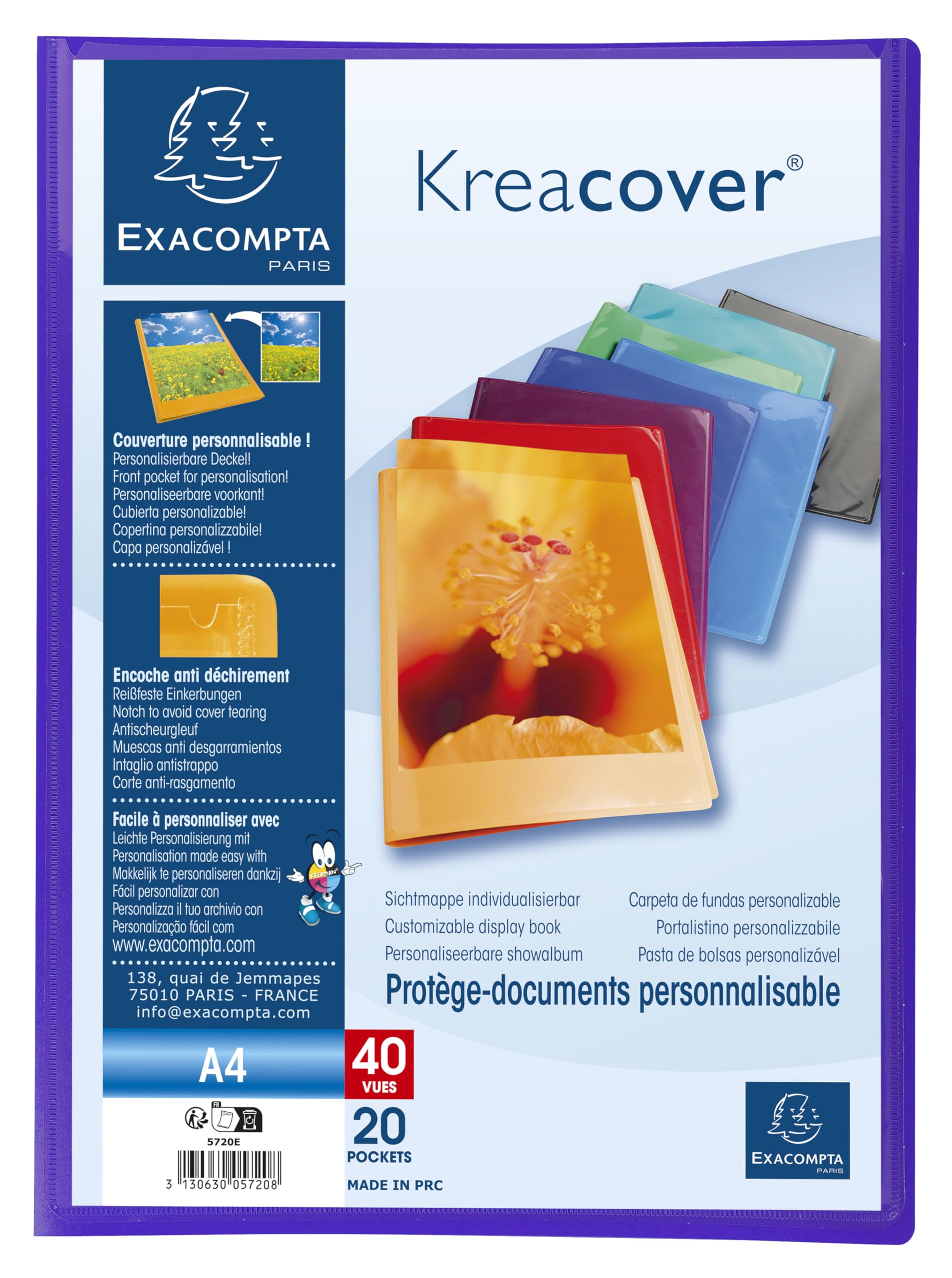 Exacompta - Nr ref. 5720E - Karton 20 Kreacover Chromaline Teczka na dokumenty - 20 gładkich woreczków kryształowych - 40 widoków - do A4 - wymiary 24 x 32 cm - półsztywna okładka z polipropylenu