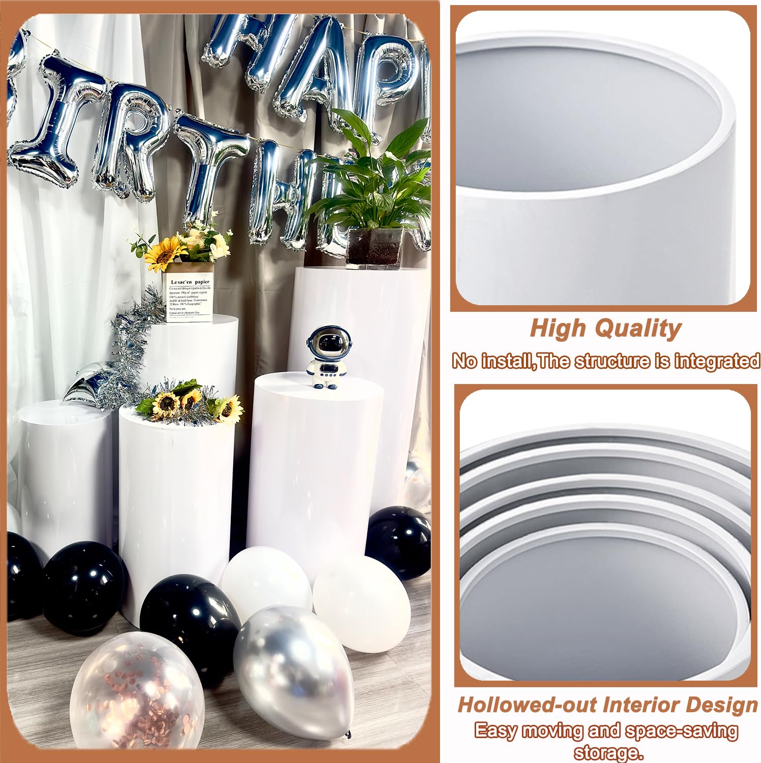 Espositore in metallo, bianco, rotondo, cilindrico, piedistallo, per matrimoni, compleanni, baby shower, feste, eventi decorativi (90/75/60)