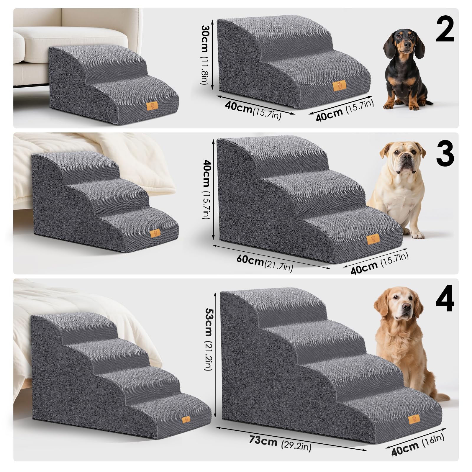 Haustiertreppe 3 Stufen, 30D Schaumstoff Hundetreppe bis 23kg, rutschfest & Waschbar, Tragegriff, Seitentasche, Gelenkschonend für Hunde Katzen, Einstiegshilfe Bett Sofa Auto, Grau 60x40x40cm