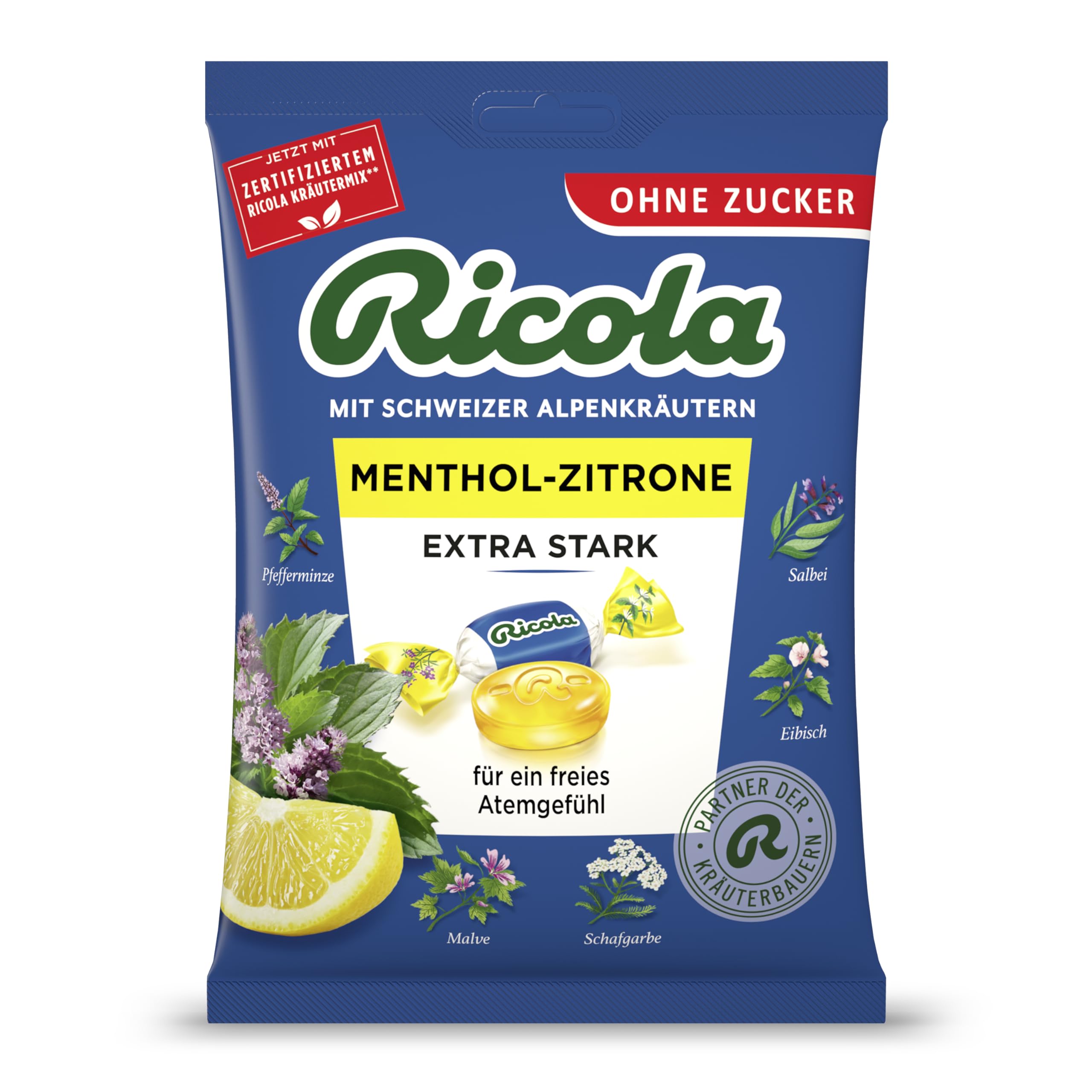 Ricola Menthol Zitrone Extra Stark, 75g Beutel Original Schweizer Kräuter-Bonbons mit 13 Schweizer Alpenkräutern, zuckerfrei, 1 x 75g, vegan