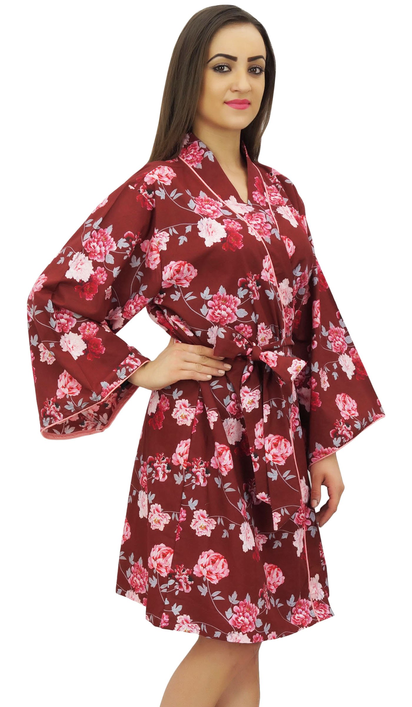 Bimba Maroon Kimono Robe con Cinturon Estampado Floral Ropa De Dormir Coverup - 52