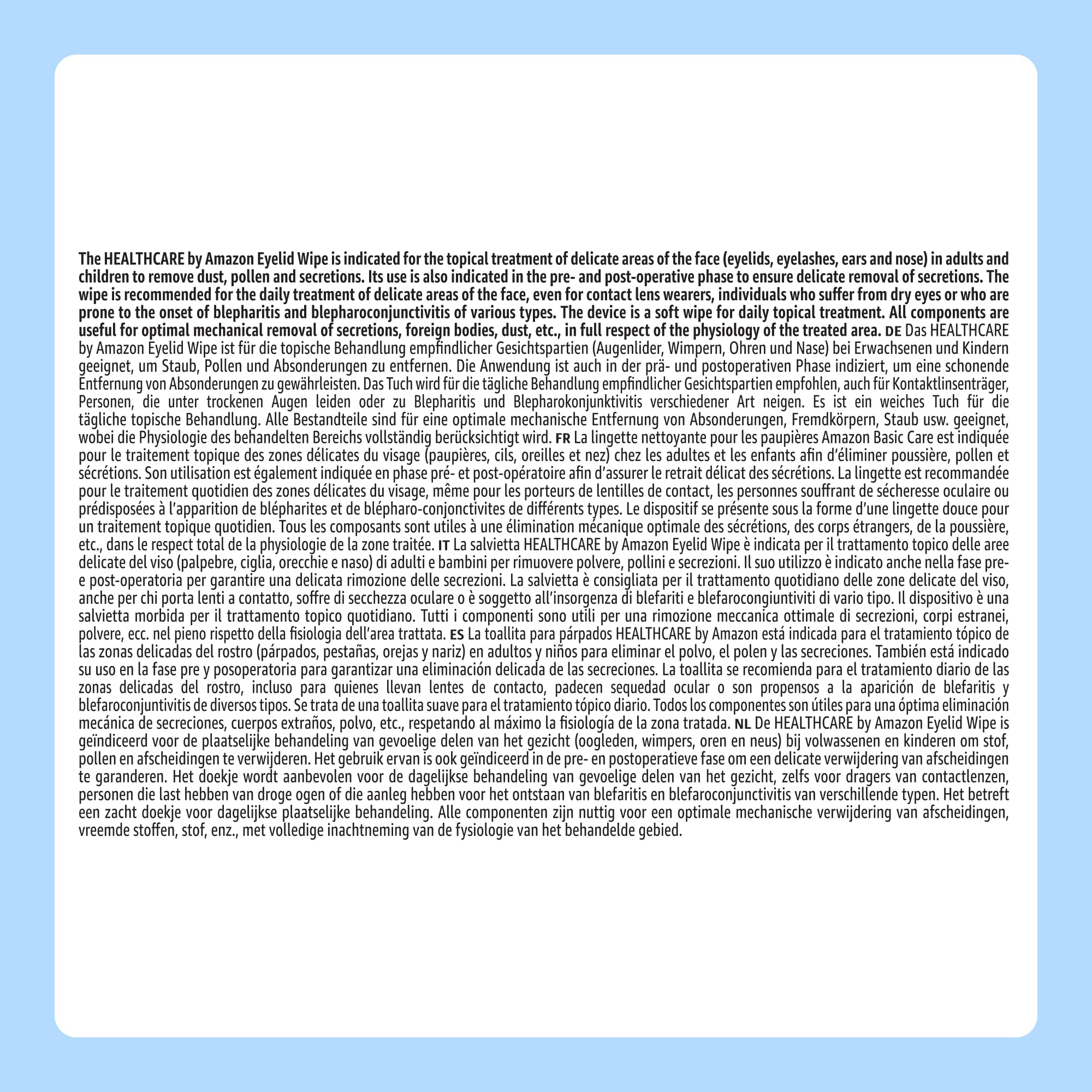 Healthcare by Amazon Salviettine Detergenti per Palpebre per il Trattamento Perioculare di Adulti e Bambini, Inodori, Confezione da 60 (in Precedenza Amazon Basic Care) - L'Imballaggio Può Variare