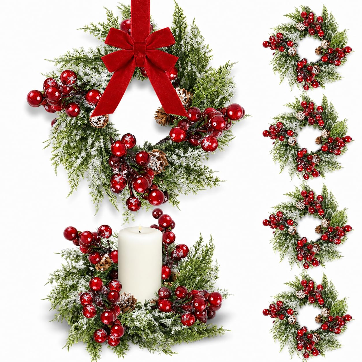 6 Pcs 9inch Christmas Candle Rings Wreath Mini Christmas Table Centerpieces Red Berry Pinecones Wreaths for Kitchen Cabinet for Farmhouse Xmas Front Door Porch Wall Decoration