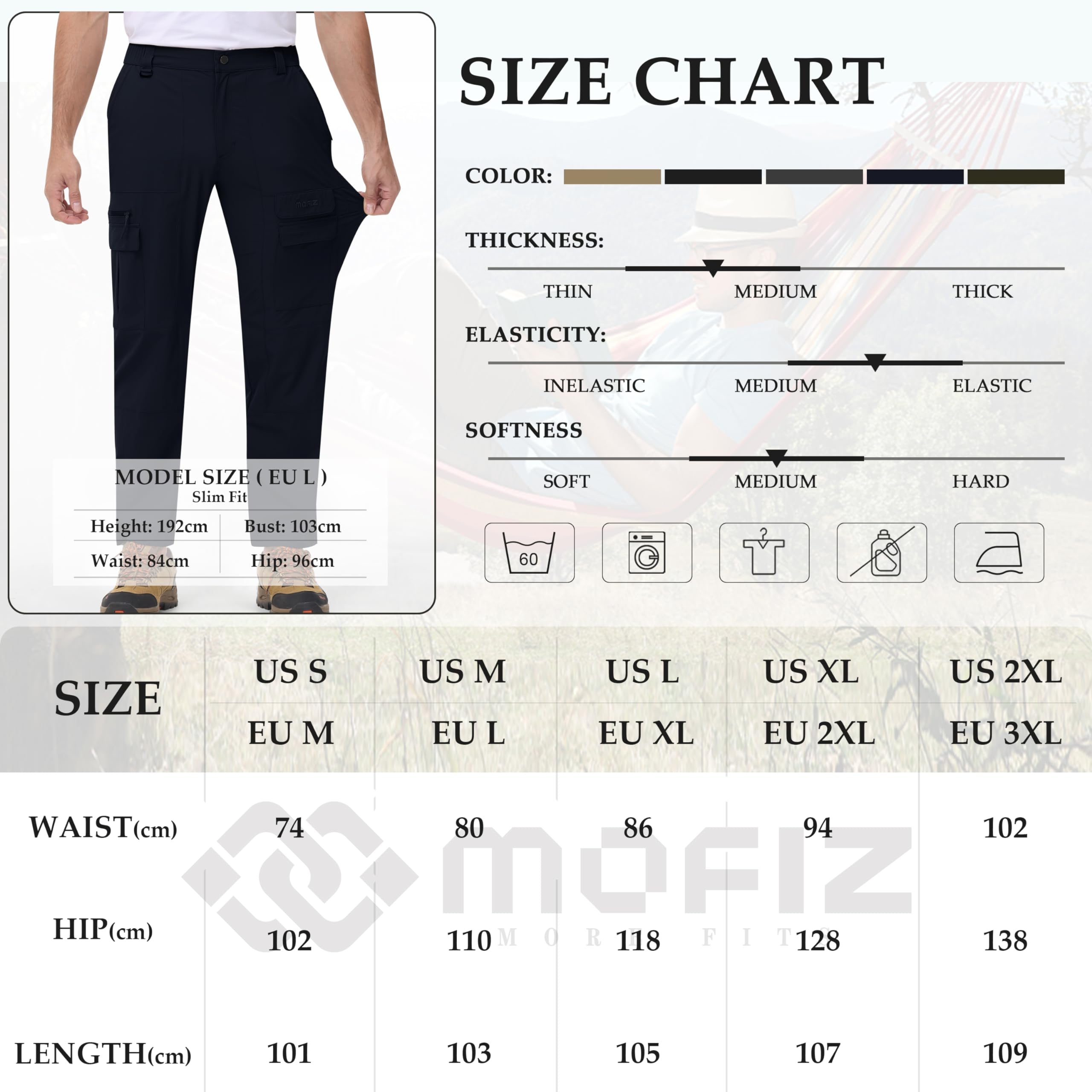 MoFiz Pantalon de Randonnée Homme Léger Pantalon Cargo de Trekking Montagne Travail d'extérieur Séchage Rapide Sport Décontracté Pant avec 7 Poches