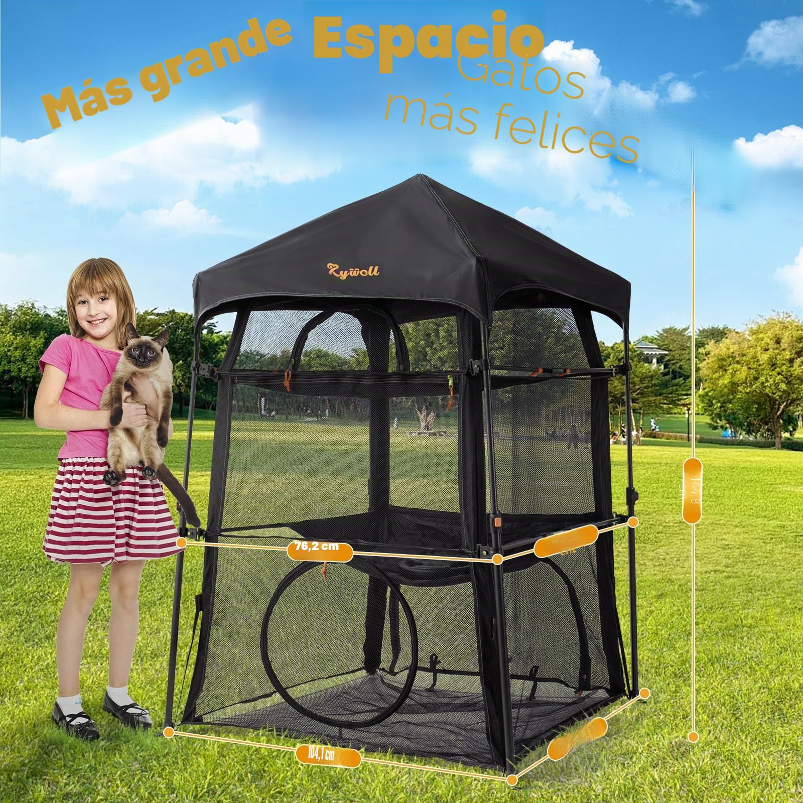 Rywell - Recinto Extragrande para Gatos al Aire Libre, 3 Niveles, espaciosa, Resistente a la Intemperie y al Sol, con 5 Ventanas, recinto Plegable para Gatos para Patio, Camping, Interior (Incluye
