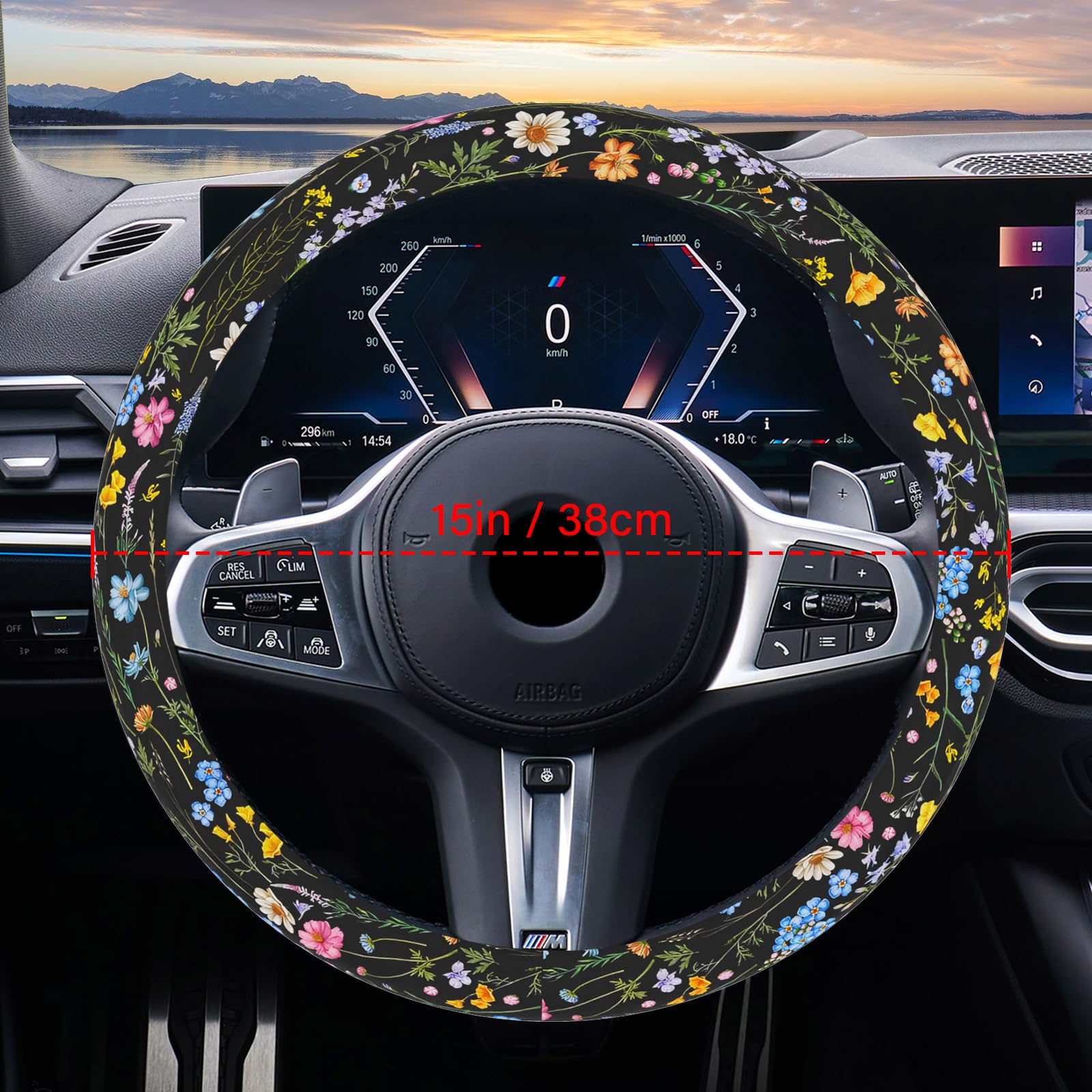 Car Steering Wheel Cover for Women Men, Non-Slip Breathable Steering Wheel, Wildflower Steering Wheel Protector, Car Accessories, Universal 14" 02/2-15" Fit Auto, Suvs