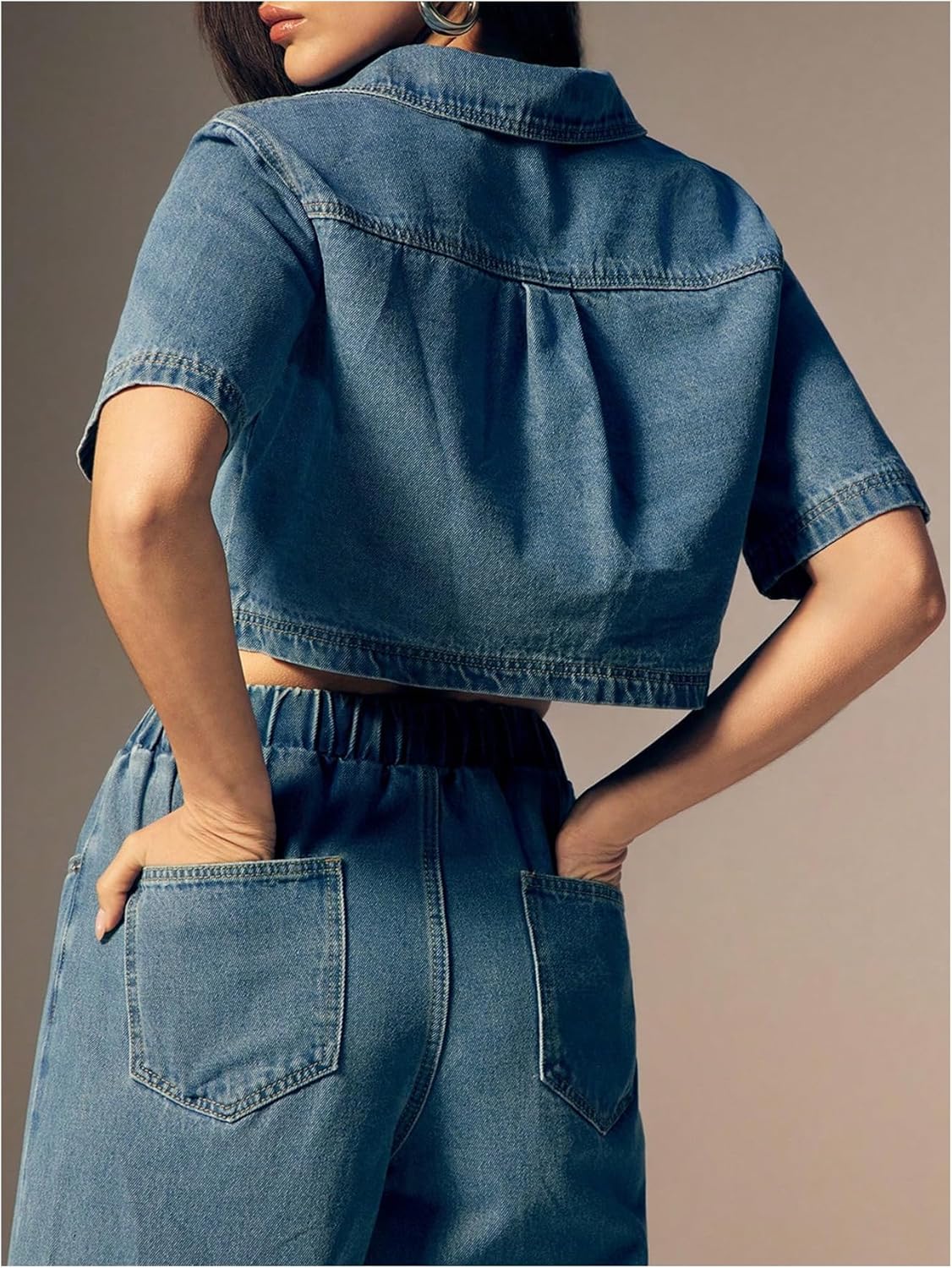 Floerns Women's Collared V Neck Denim Crop Tops Short Sleeve Casual Loose Jean Top - Image 3