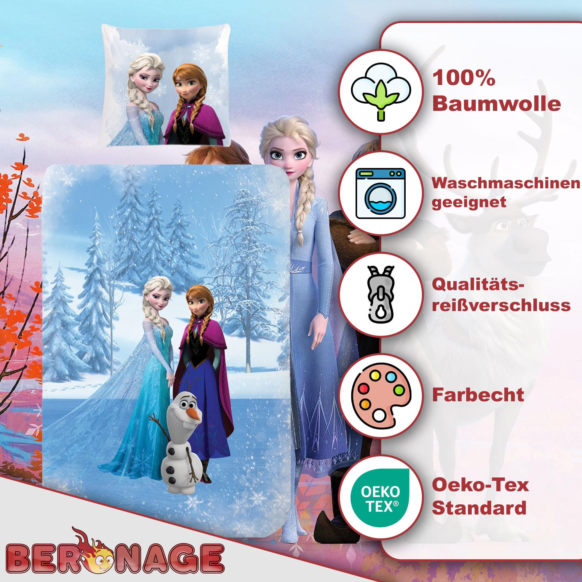 Frozen Die Eiskönigin Kinder-Bettwäsche Sven 135 x 200 + 80 x 80 cm 100% Baumwolle Biber-Flanell-Qualität Arendelle Sven Kristoff Disney Olaf ELSA Anna mit Reißverschluss Deutsche Größe
