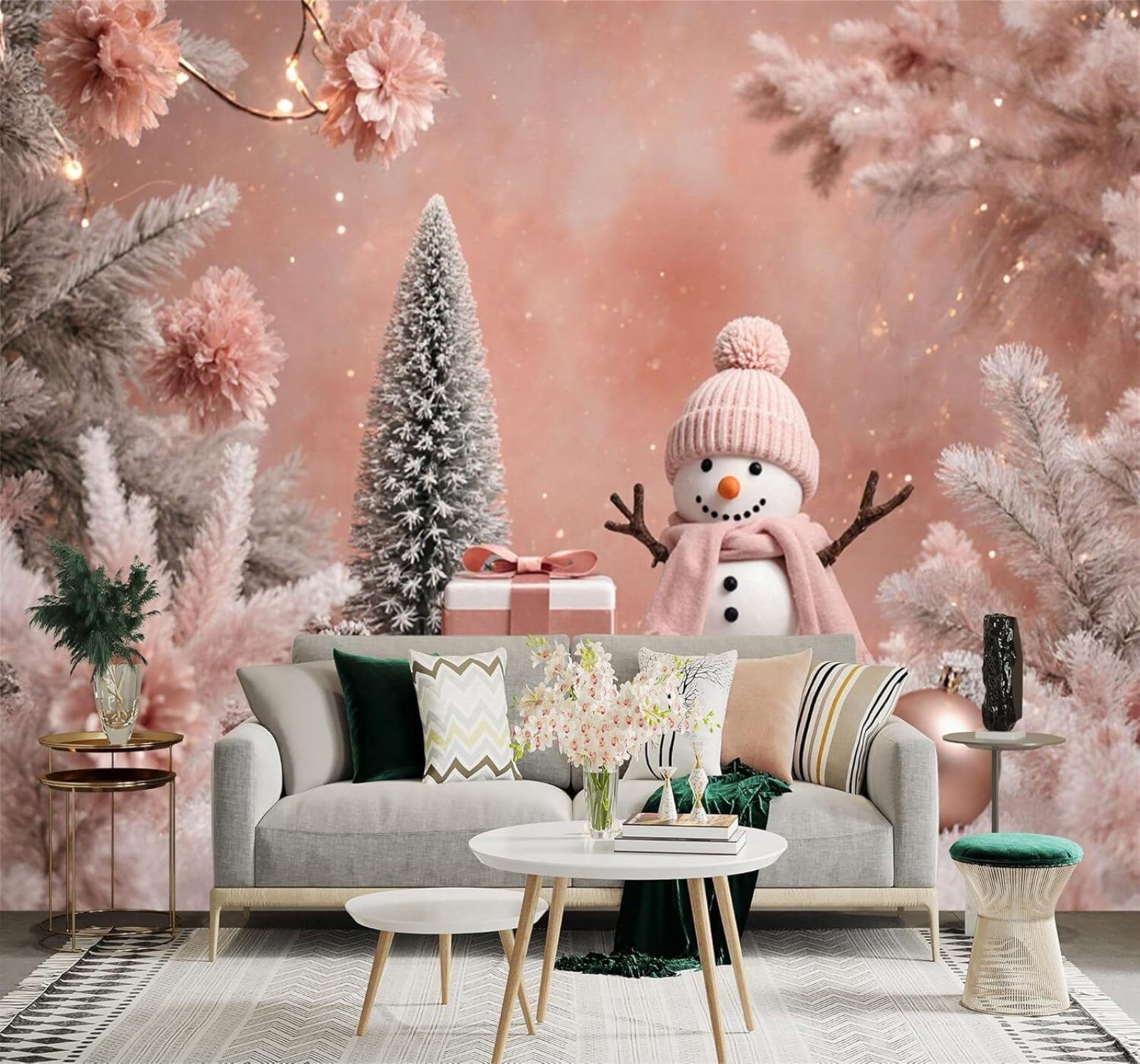 Tzxztt Pink Scarf Snowman Flowers Pine Tree Winter Snowy Landscape Modern 3D Wallpaper Premium Textured Silk Neutral Tones Material Ideal for Living Room Bedroom-250cm×170cm