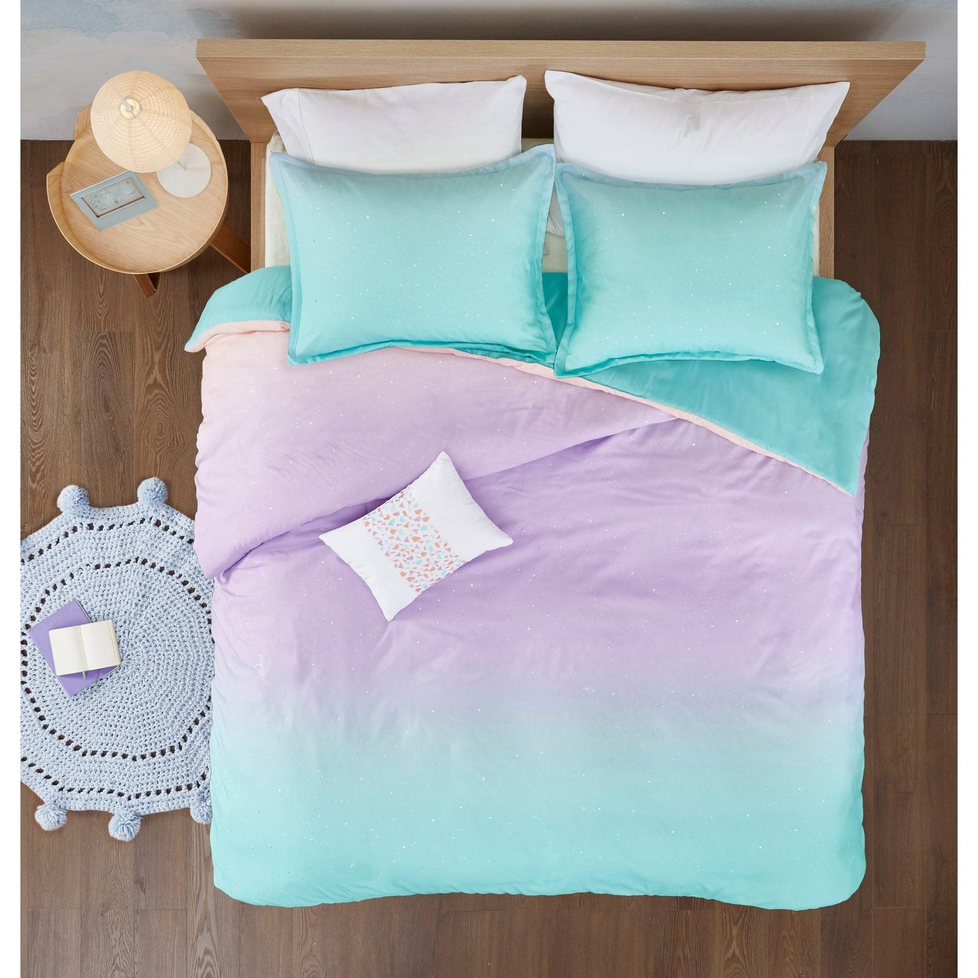 MISC 3 Piece Aqua Purple Ombre Duvet Cover Twin Twin XL Set, Blue Pink Glitter Rainbow Kids Bedding Teen Bedroom Abstract Pattern Whimsical Flair Metallic Sparkles Glitter Bright Colorful, Microfiber