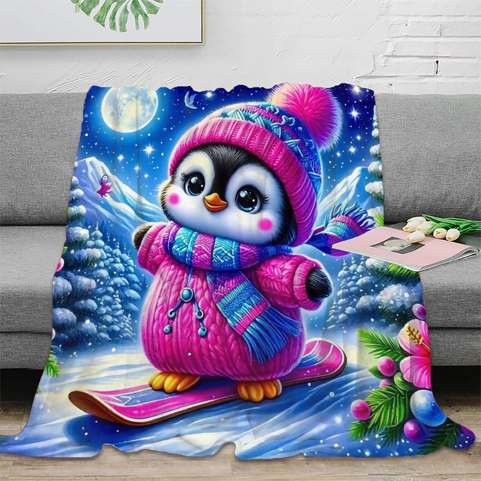 Plaid pingouin 3D chaud et microfibre pour un canapé cosy