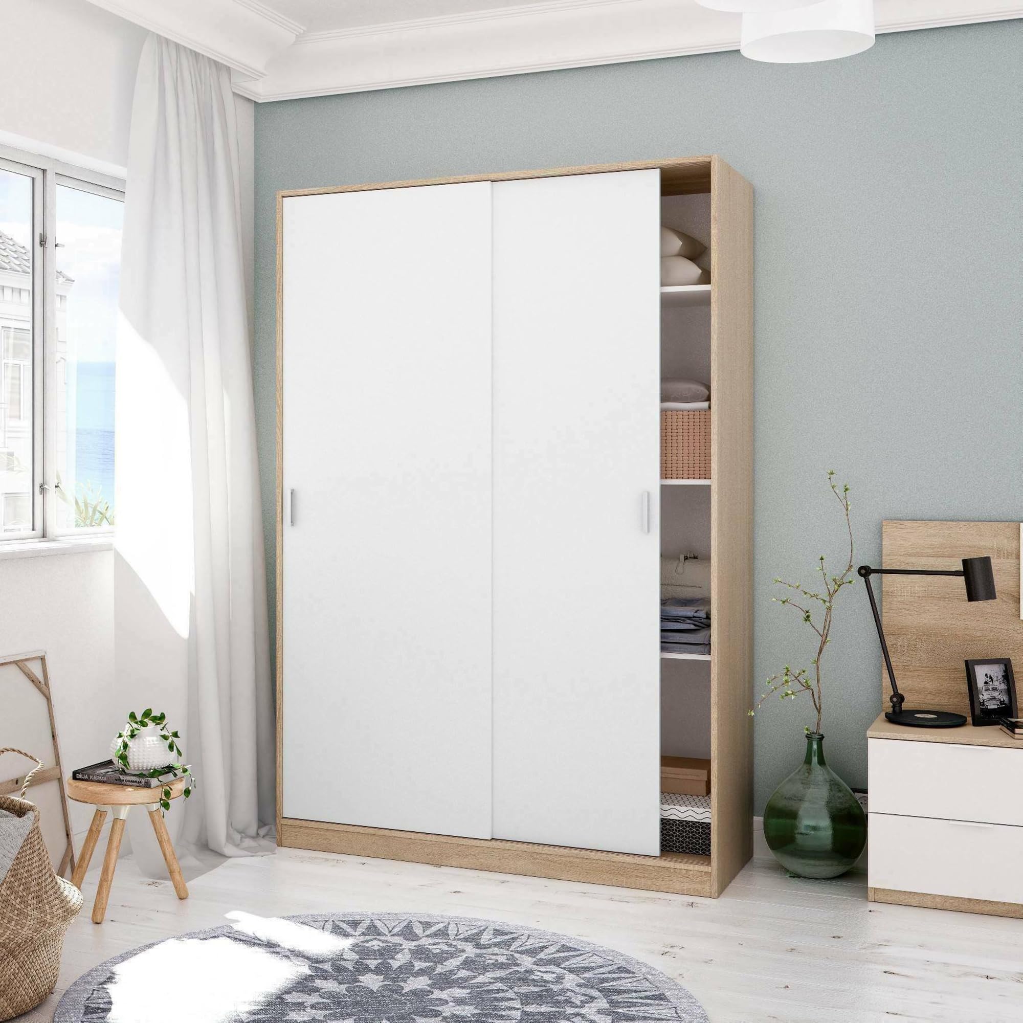 Dmora - Guardaroba 2 ante Waterbury, Armadio per camera da letto, Mobile con 4 ripiani e barra appendiabiti, 120x50h200 cm, Rovere e Bianco