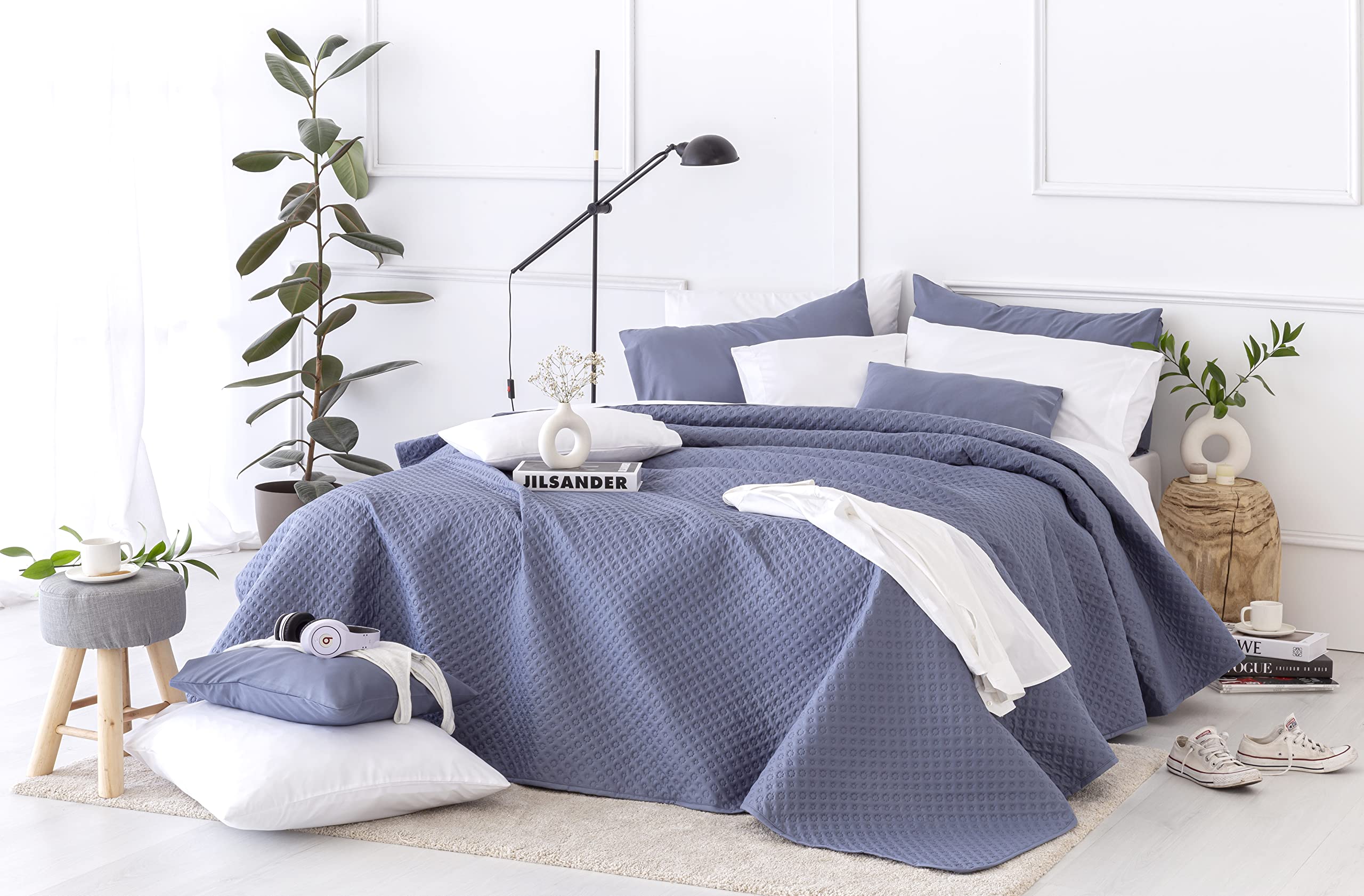 Todocama Copriletto trapuntato sottile con motivo piqué, per primavera, estate, autunno e inverno, 100% microfibra extra morbido, Copriletto multiuso, Letto 120/135 - 230x260cm, Blu Grigio