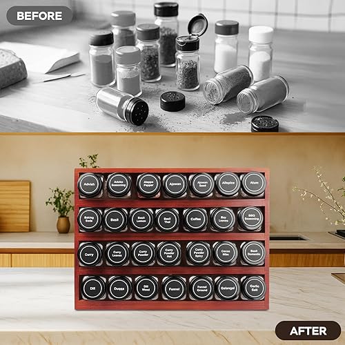 Miniatura 7 de Bamboo Spice Rack Organizer with 28 Spice Jars, 780 Labels, 4 Tier Wood Hanging Shelf, Chalk Marker and Funnel Set for Drawer Cabinet Kitchen
