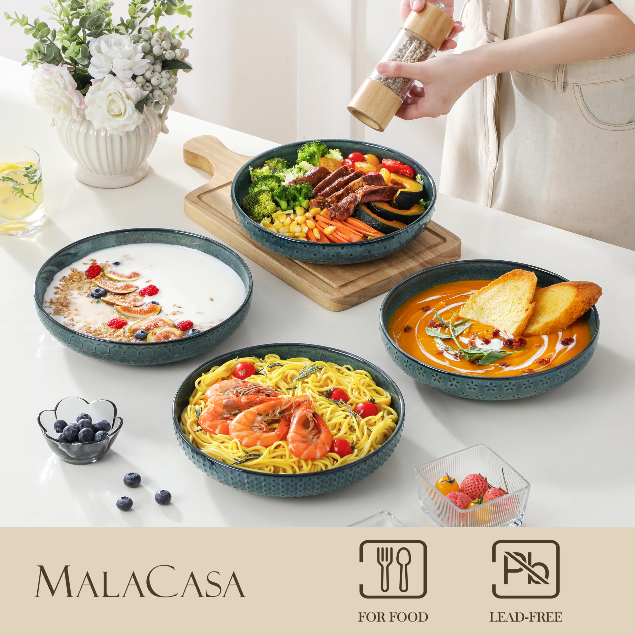 MALACASA LYDIA talerz do zupy, zestaw 4 sztuk, głębokie talerze 1570 ml, kamionka zielona | 1570 ml duży, cztery wzory reliefowe, głęboki talerz i miska, na makaron, zupę, sałatkę, płaskie wzornictwo