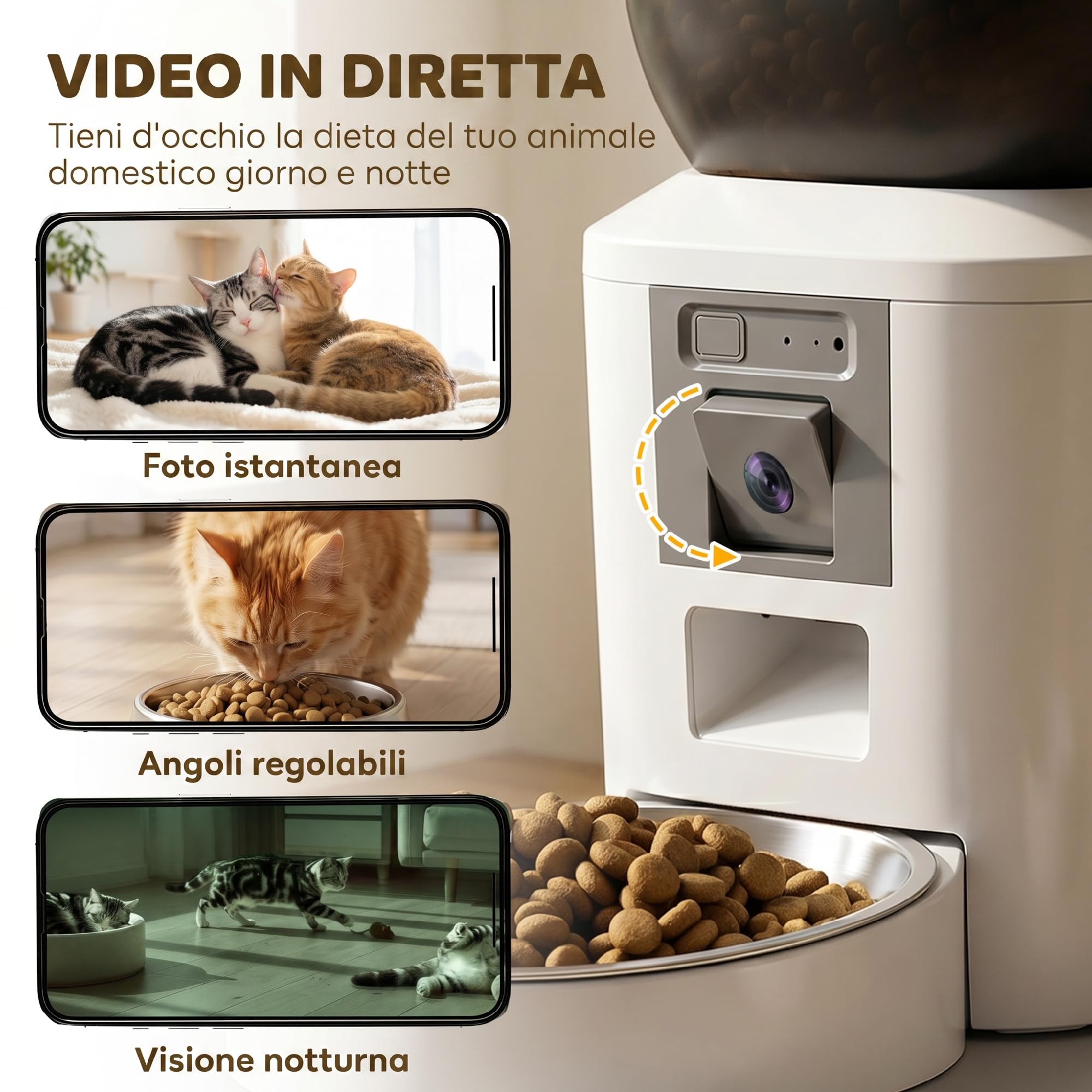 PawHut Distributore Automatico Cibo Gatti Cani 4L con Telecamera WiFi 2.4G | Dispenser Erogatore Crocchette Gatto, Controllo App, Timer, Visione Notturna, Audio Bidirezionale, 1-10 Pasti/G, Ciotola Inox