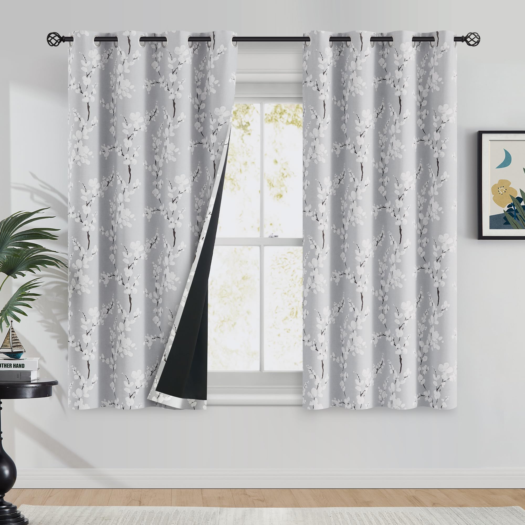 Amazon.com: FMFUNCTEX 100% Blackout Floral Curtains for Bedroom, Grey ...