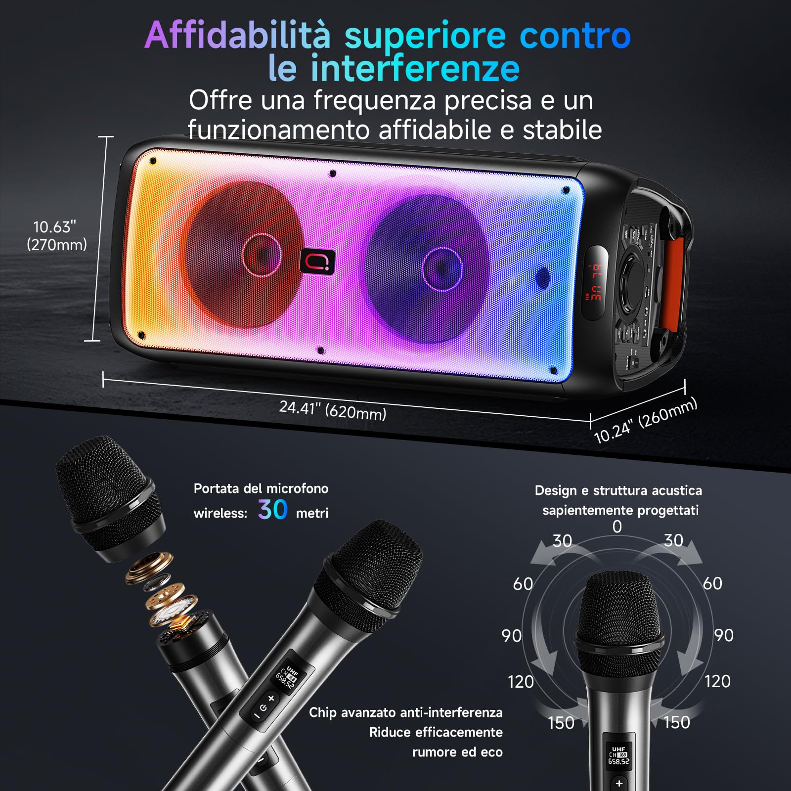 JYX Sistema Karaoke con 2 Microfoni Wireless, Altoparlante Karaoke Bluetooth Portatile Professionale con Luci LED, Ideale per Feste in Famiglia e Regali, Supporta USB/TF/AUX/MIC/TWS