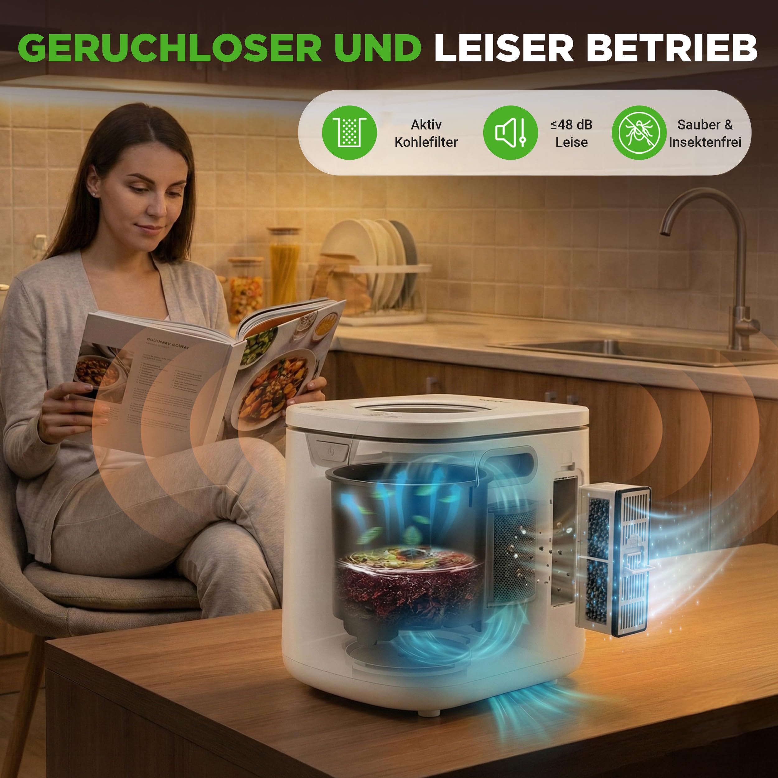 NutriChef Elektrischer Küchenkomposter - Indoor Lebensmittelabfälle Komposter Mülleimer, Geruchloses Arbeitsplatten-Design, Kohlefiltersystem, Leiser Betrieb, Heimkompostierungslösung, Weiß