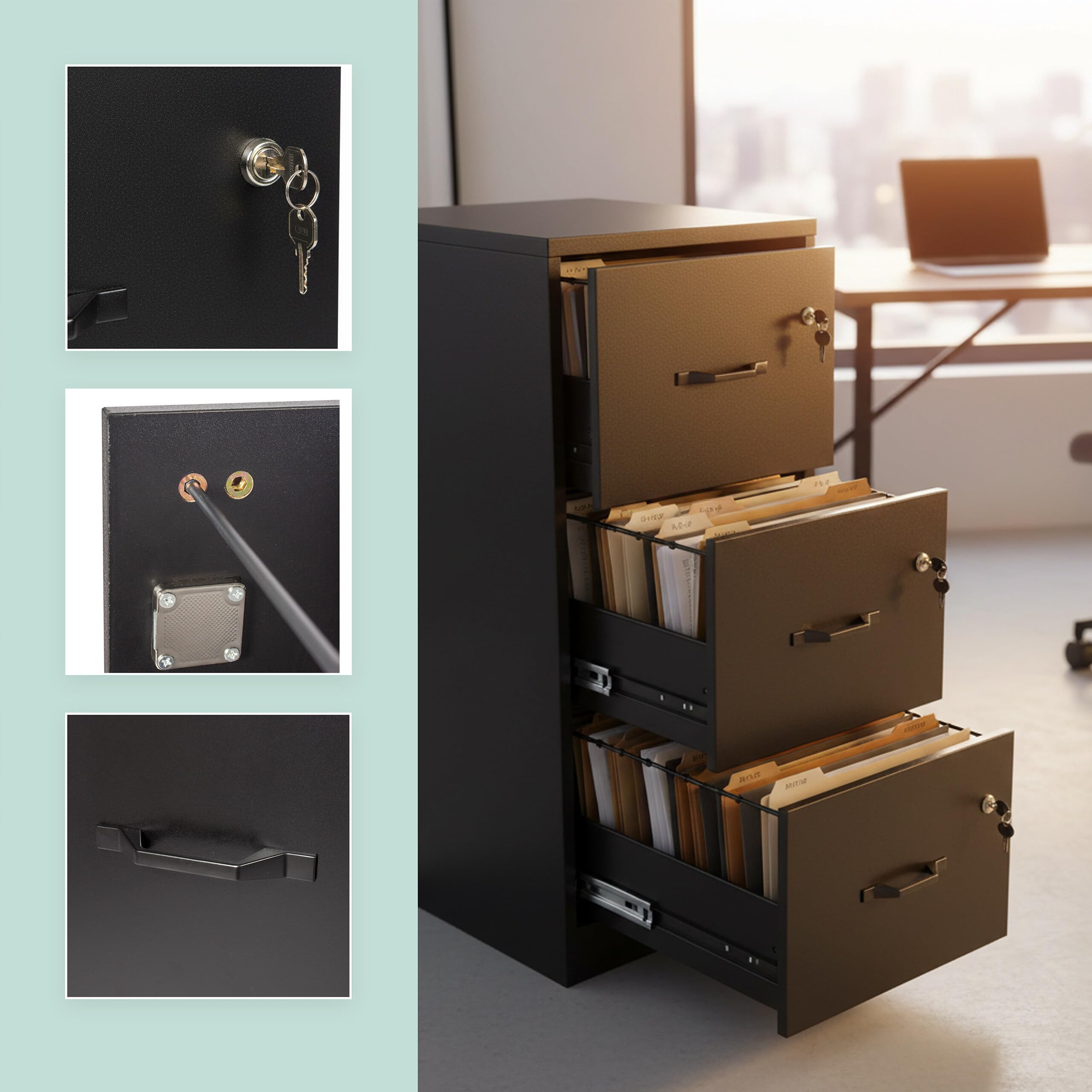 Relaxdays Armadietto Portadocumenti con cartelle sospese, 3 cassetti Serratura, HxLxP: 103 x 40 x