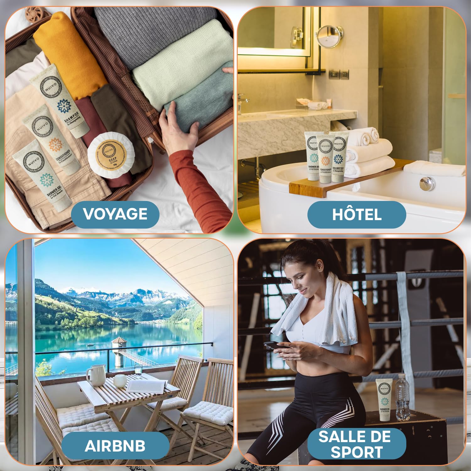 Confezione da 200 prodotti per la casa: gel doccia, shampoo, balsamo, saponi 20g - Tubi da 30ml ecocompatibili - Ideale per hotel, Airbnb, matrimoni, eventi