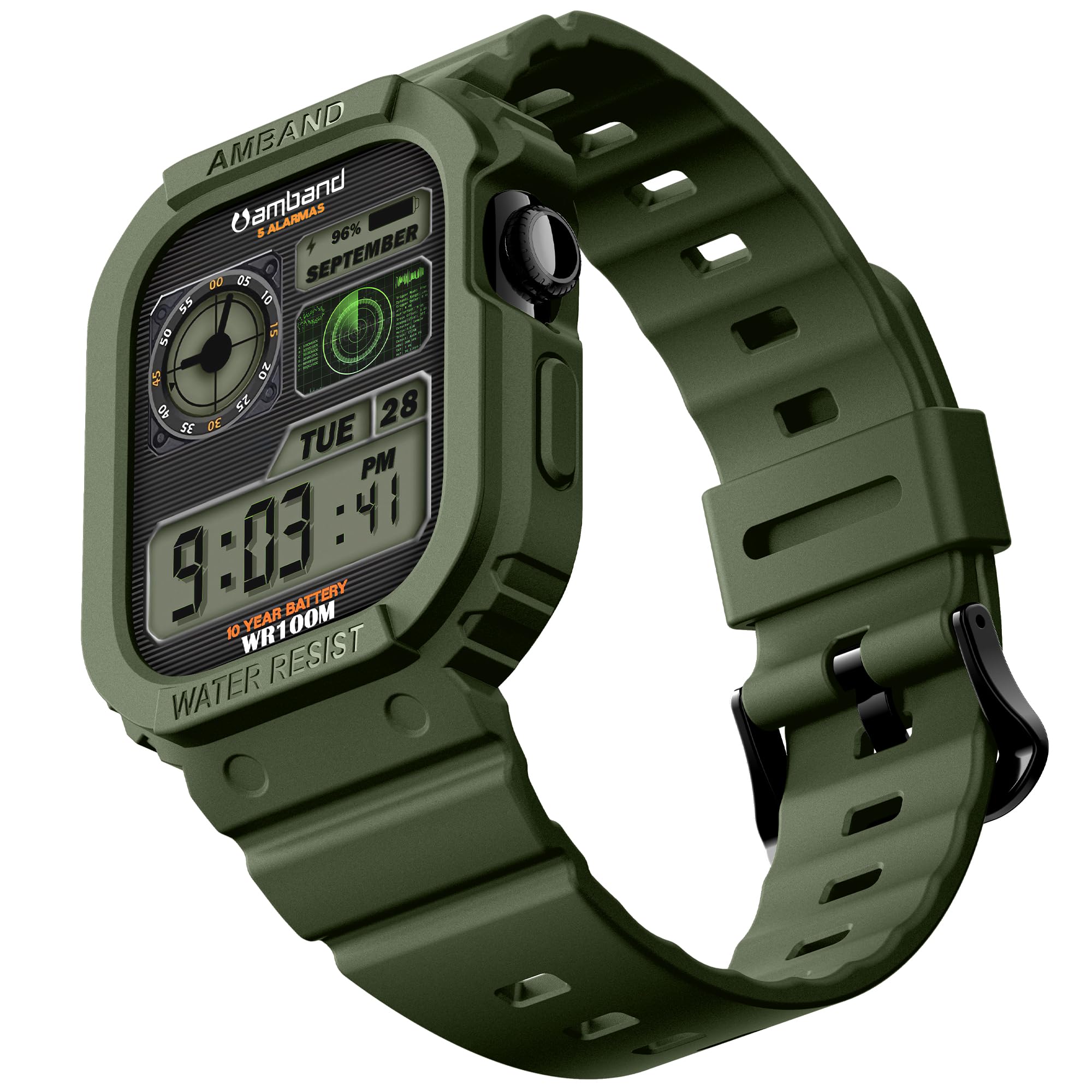 amBand Rugged Case with Band for Apple Watch Series 11 10 42mm, Shockproof &amp; Protective Sport Bumper Cover, Lightweight &amp; Comfortable Strap for Men &amp; Women, Green