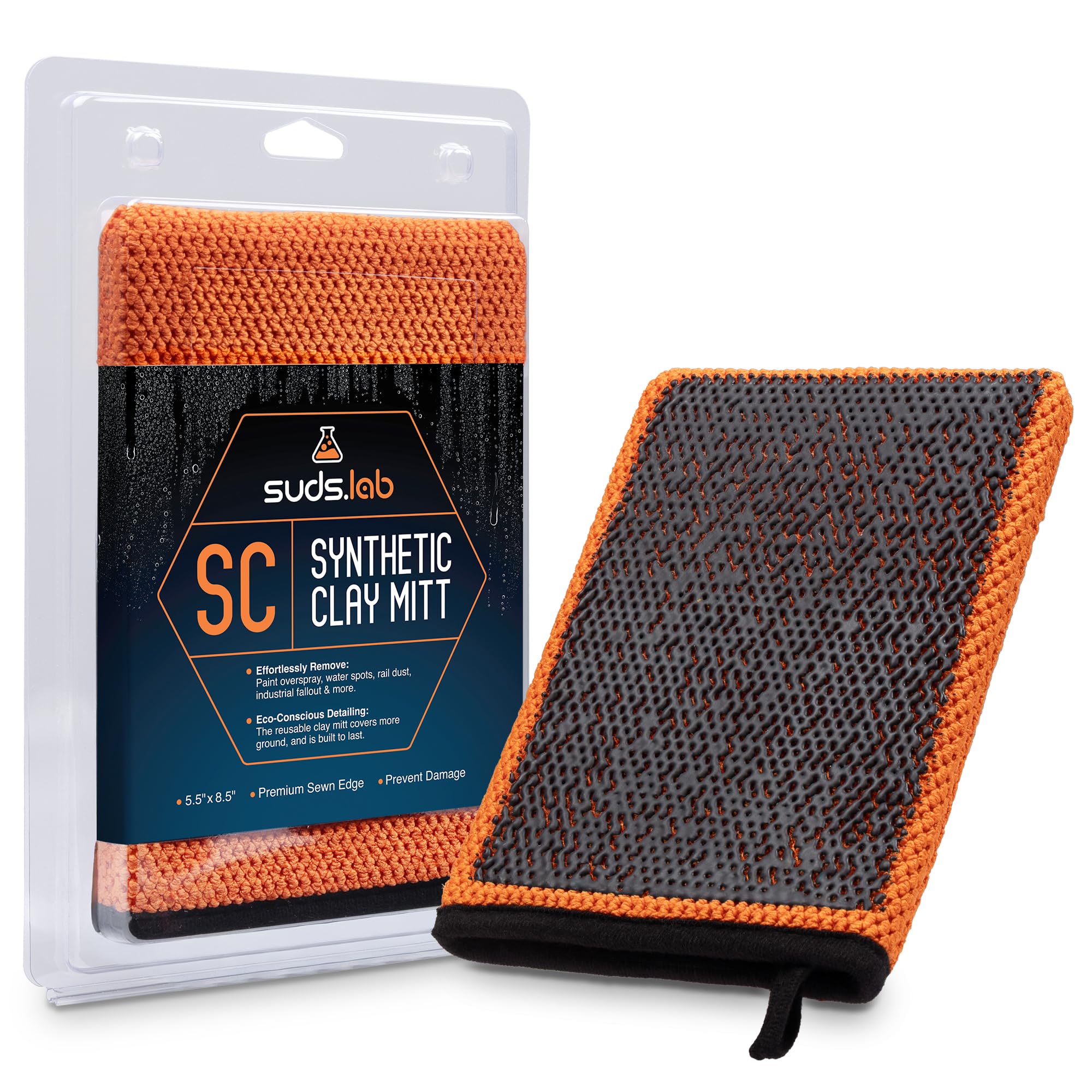 Suds Lab SC Synthetic Clay Mitt for Car Detailing – Reusable Clay Bar Mitt to Remove Paint Overspray, Water Spots, Tree Sap & Rail Dust from Paint, Glass & Plastic
