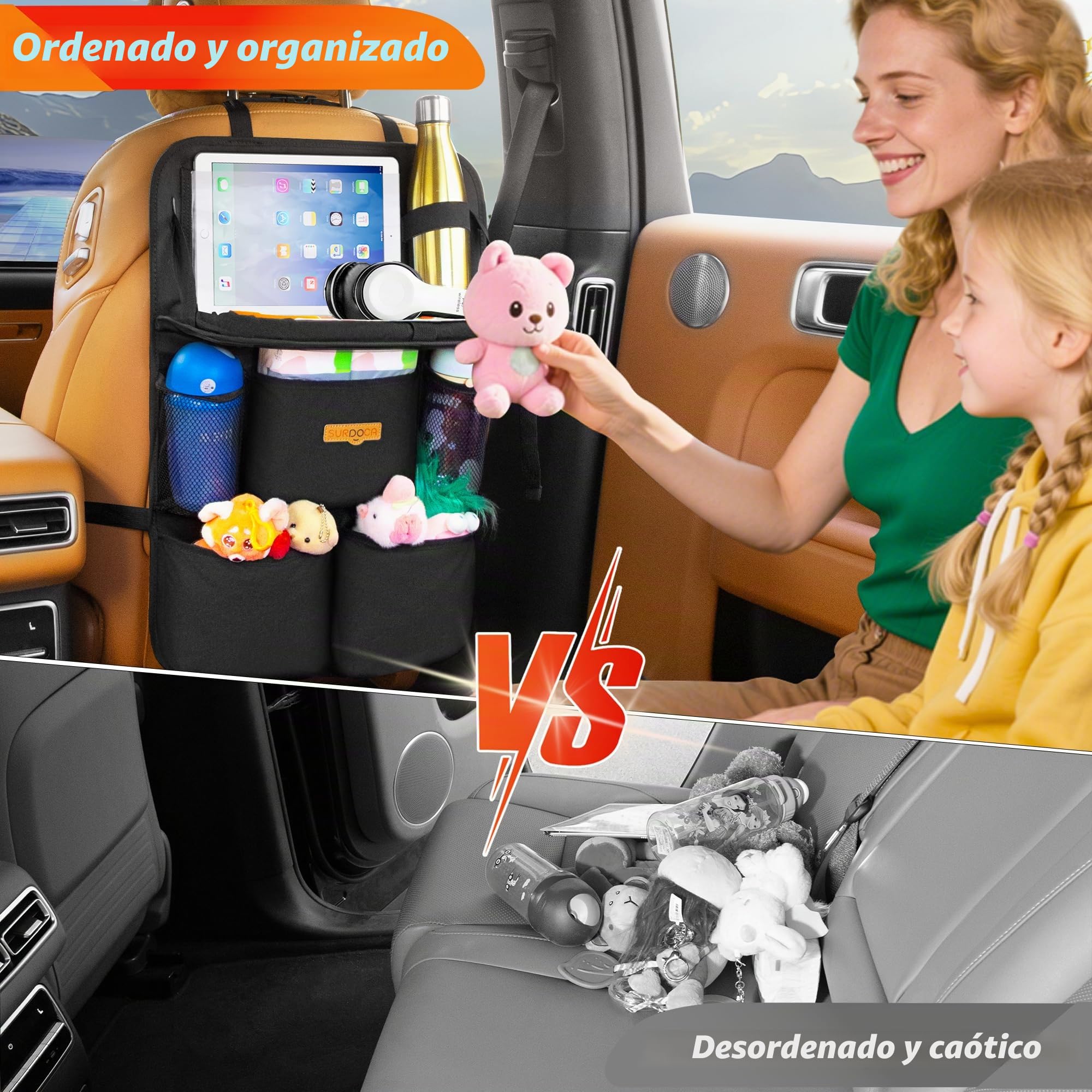 SURDOCA Organizador de asiento trasero de coche con bandeja plegable para niños y adultos – Nuevo modelo de almacenamiento de asiento con bolsillo táctil para tablet, artículos esenciales para viajes