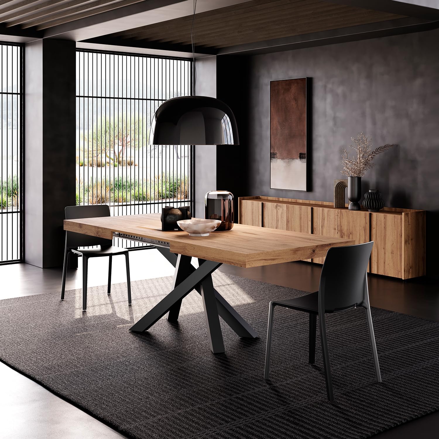 MOBILI FIVER, Ausziehbarer Esstisch Emma 140(220) x90 cm, Rustikale Eiche mit Schwarzen gekreuzten Beinen, Made In Italy
