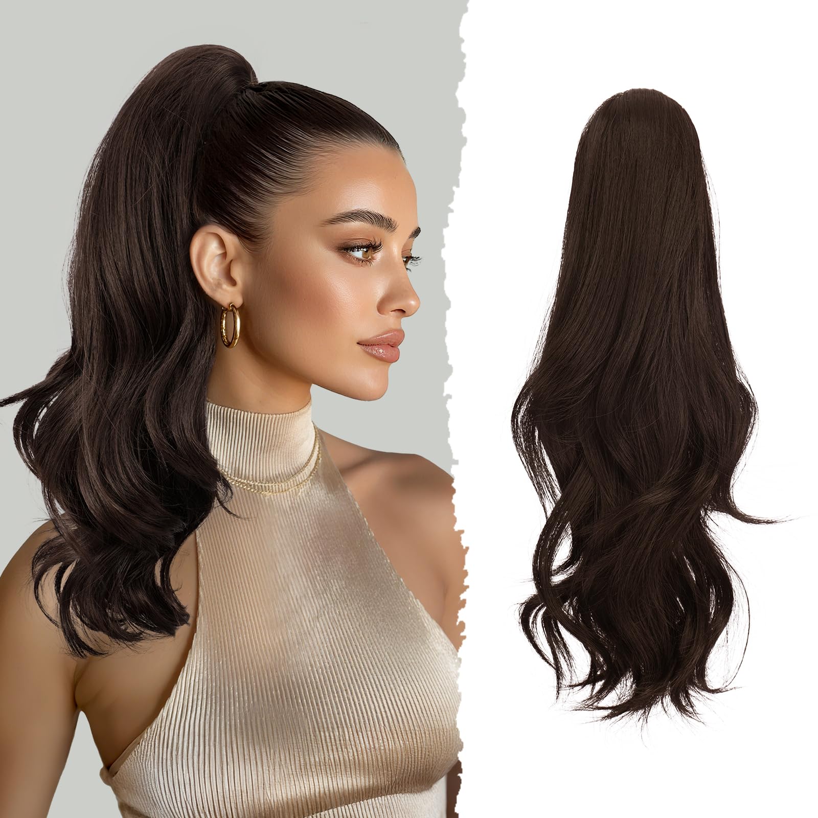 Sofeiyan Lange Gewellt Pferdeschwanz mit Klammer, Dual-Use-Design Ponytail Extension, 41 cm Synthetik Claw Clip in Haarverlängerung Zopf für Frauen, Dunkelbraun