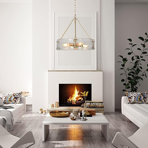 Miniatura 3 de ZEVNI Candelabro dorado, lámpara moderna de 4 luces, lámpara de araña de tambor de vidrio de 19.5 pulgadas de diámetro para comedor, vestíbulo,
